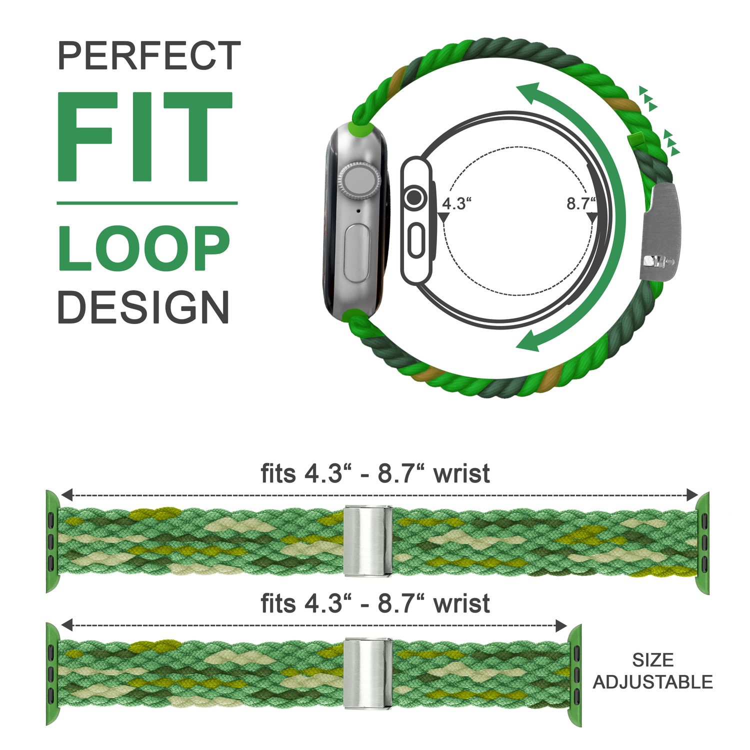 Grünes Tarnmuster-Uhrenarmband mit Uhr, das perfektes Loop-Design und Größendetails zeigt.