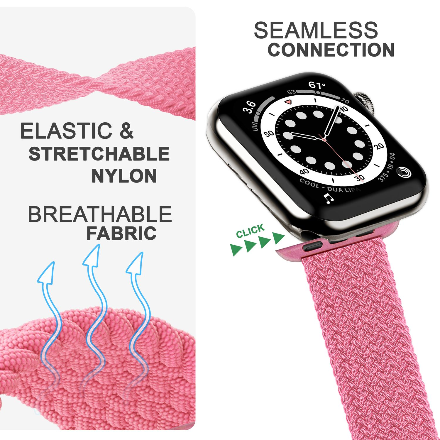 Nahaufnahme eines rosa Apple Watch-Armbands. Text: "Elastisches & dehnbares Nylon" und "Atmungsaktives Gewebe."