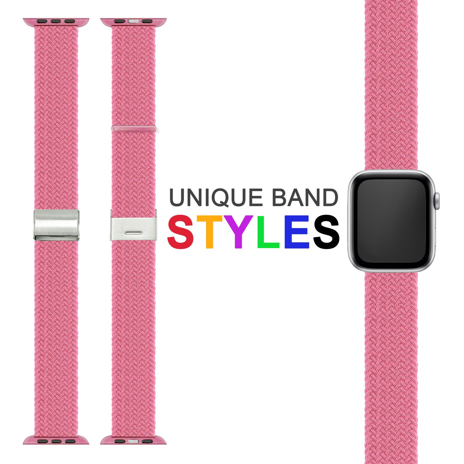 Pinkfarbene Uhrenarmbänder in verschiedenen Ausführungen. Text: einzigartige Bandstile.