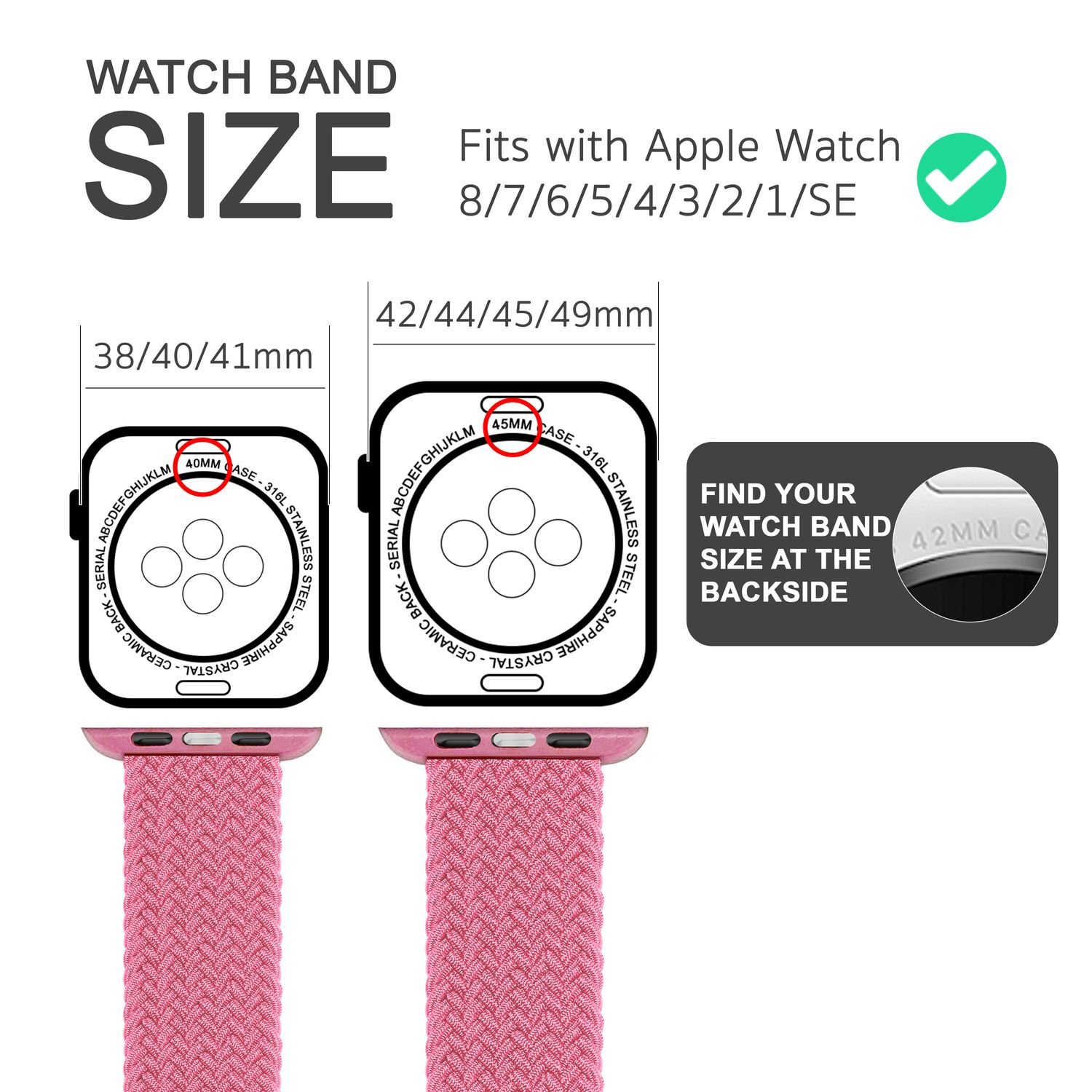 Armbandgrößenübersicht. Zeigt Größenmessungen und die Apple Watch-Modelle, für die sie geeignet sind.