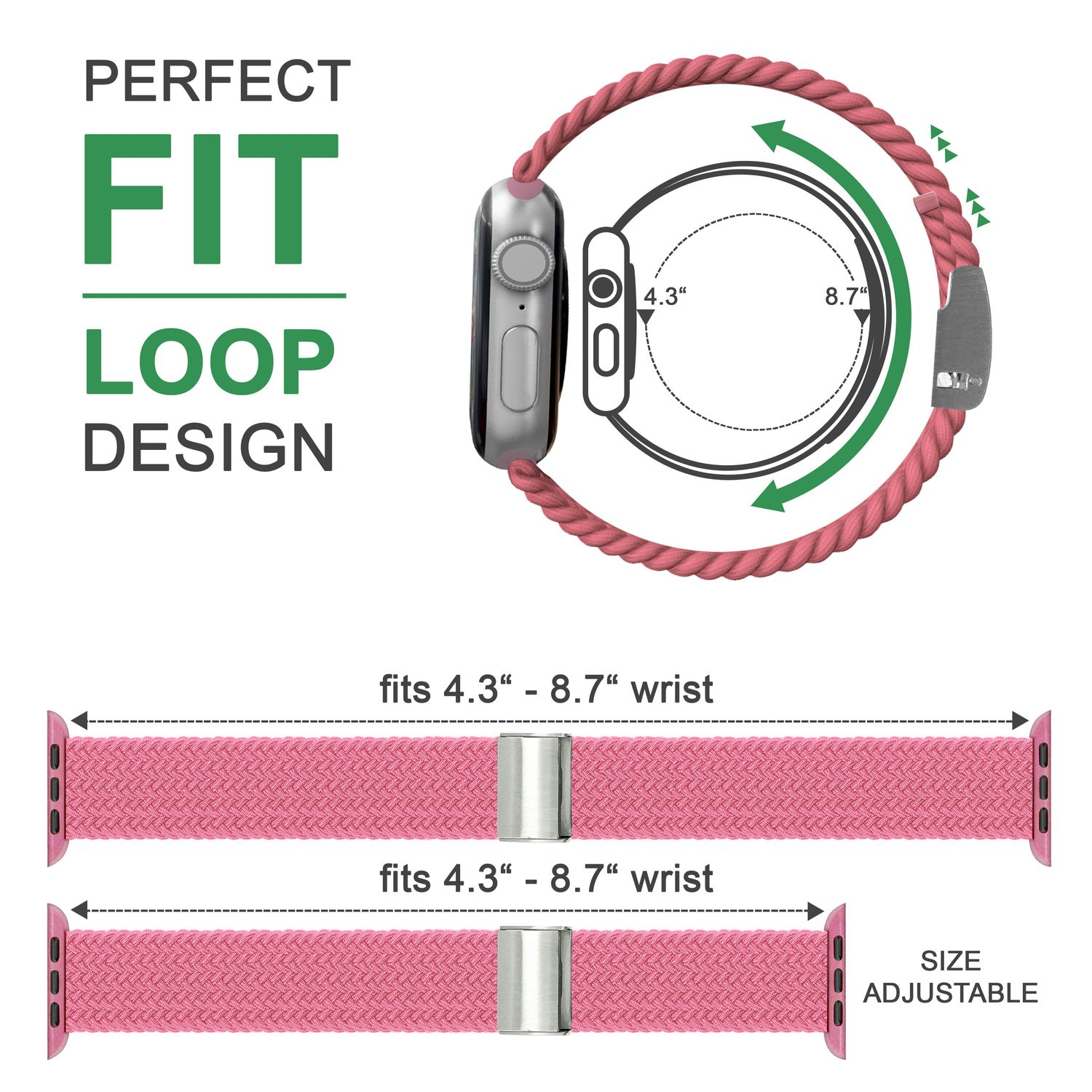 Rosa Uhrenarmband mit silbernem Verschluss. Das Design des Bandes betont die Verstellbarkeit und die perfekte Passform.