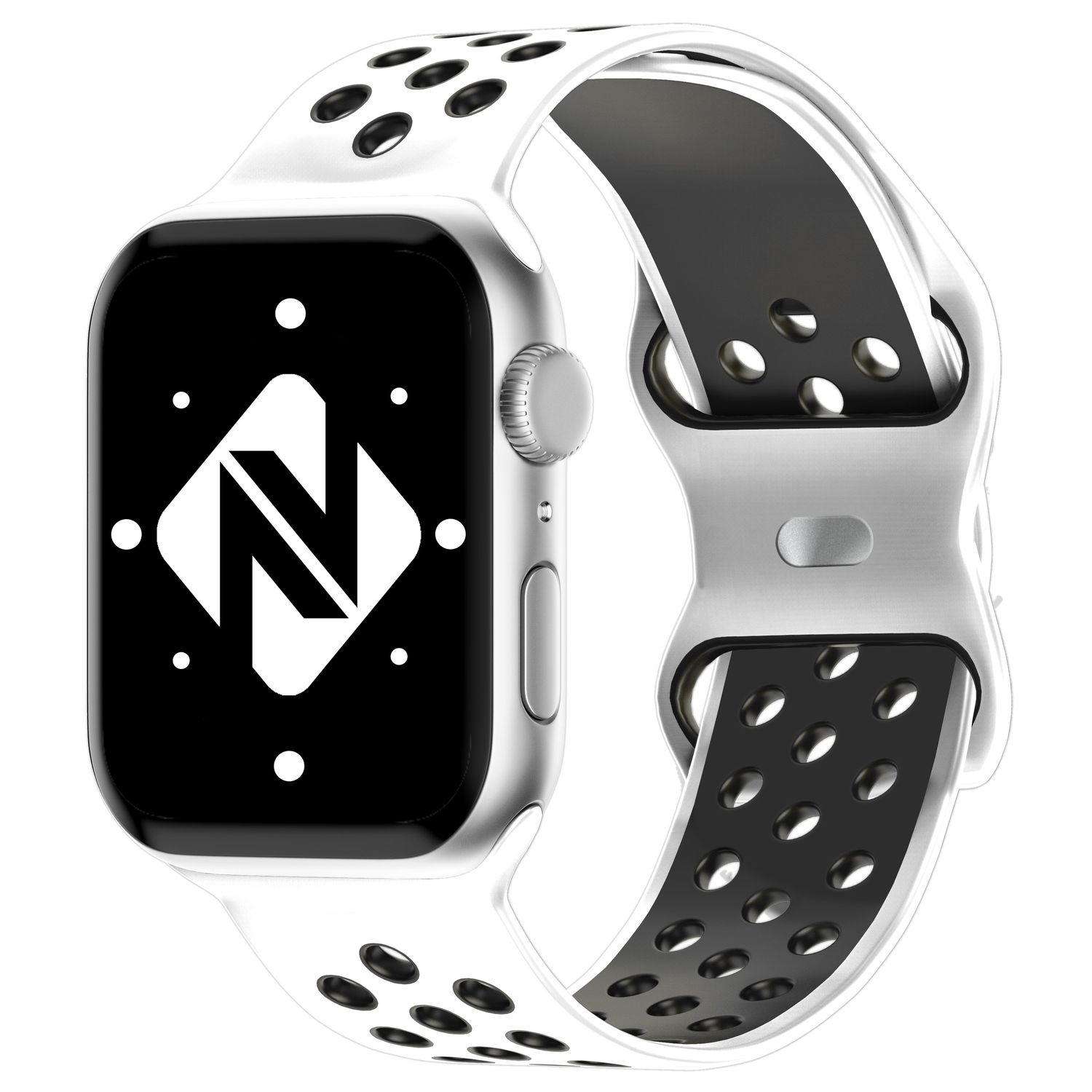 Silberne Smartwatch mit weiß-schwarzem Armband. Das Display zeigt ein weißes Logo.