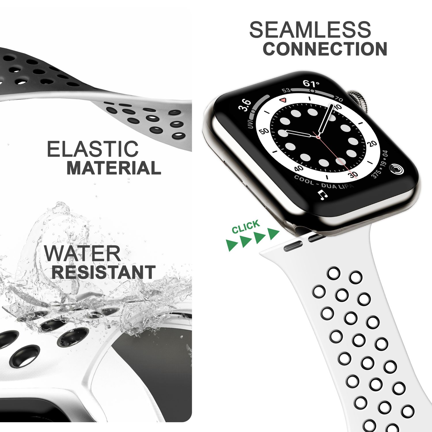 Armband mit weißen und schwarzen Löchern, Uhr mit schwarzem Bildschirm und Text über das Band.