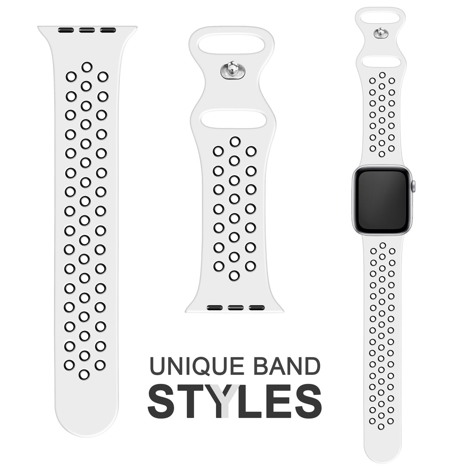 Weiße Uhrenarmbänder mit schwarzen Löchern. Gezeigt werden drei Bänder, eines an einer Uhr befestigt. Der Text lautet 'UNIQUE BAND STYLES'.