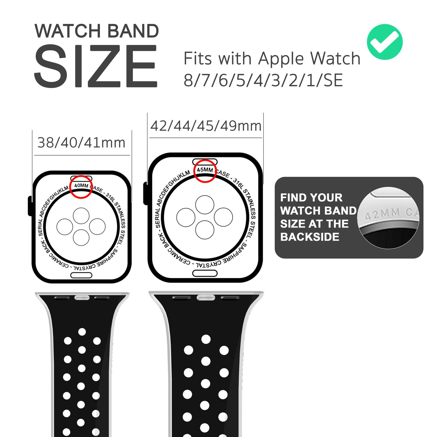 Schwarzes Uhrenarmband mit einer Illustration, die Uhrenarmbandgrößen vergleicht.