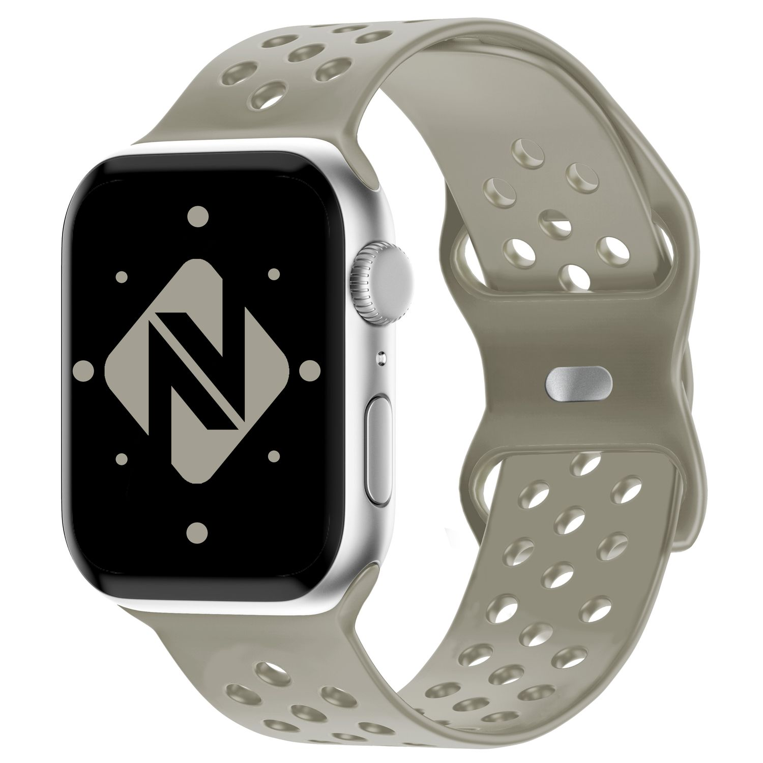 Silberne Smartwatch mit grauem Armband. Der Bildschirm zeigt Logo.