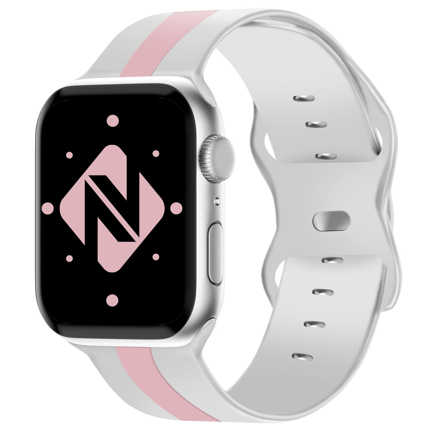 Silberne Smartwatch mit weißem Armband und rosa Streifen. Schwarzer Bildschirm, rosa N-Logo.