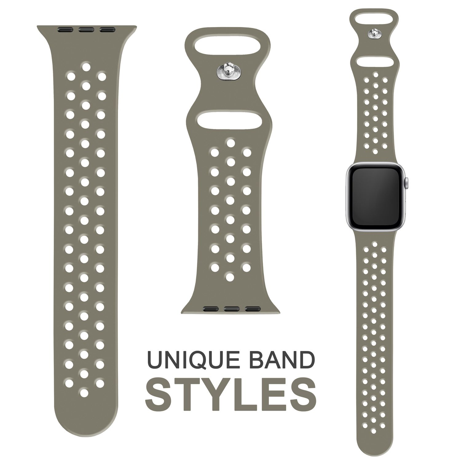 Drei Uhrenarmbänder in verschiedenen Stilen und Farben. Perforiert und mit Uhr.