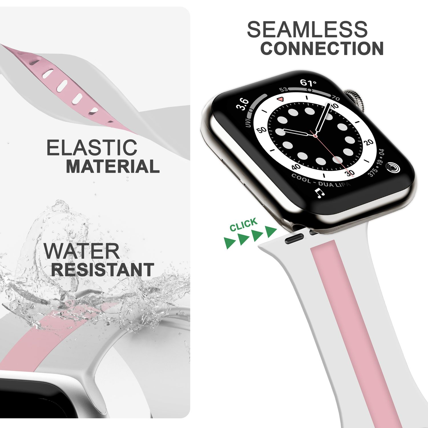 NALIA Gestreiftes Smartwatch Watch Silikon Apple, Ersatzarmband, Armband, Apple 42mm/44mm/45mm/49mm, Weiß Pink