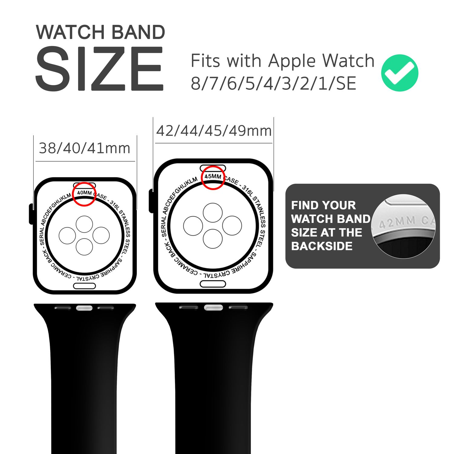 Bild zeigt Apple Watch Größenübersicht. Text zeigt Uhrengrößen und kompatible Armbänder.
