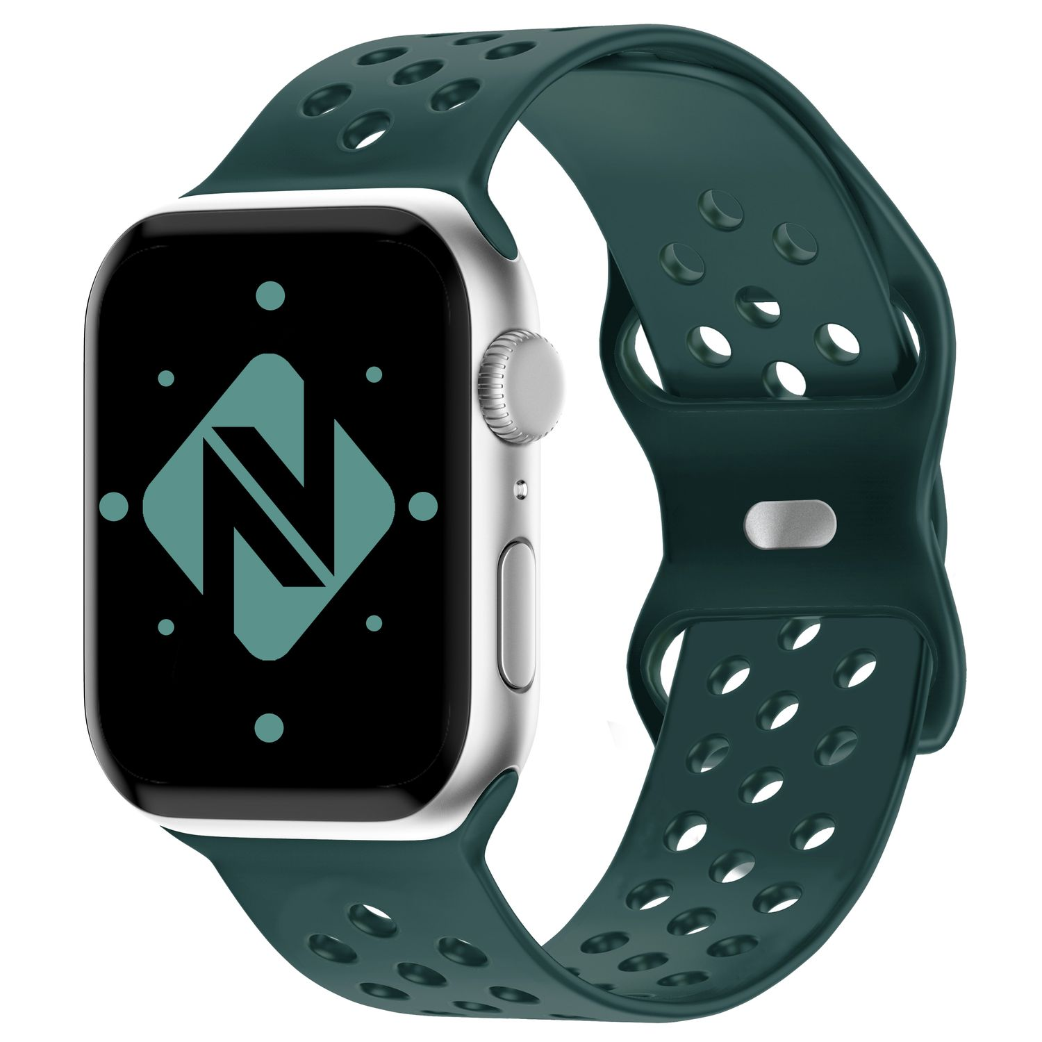 Silberne Smartwatch mit grünem, perforiertem Armband, schwarzem Bildschirm und weißem Logo.