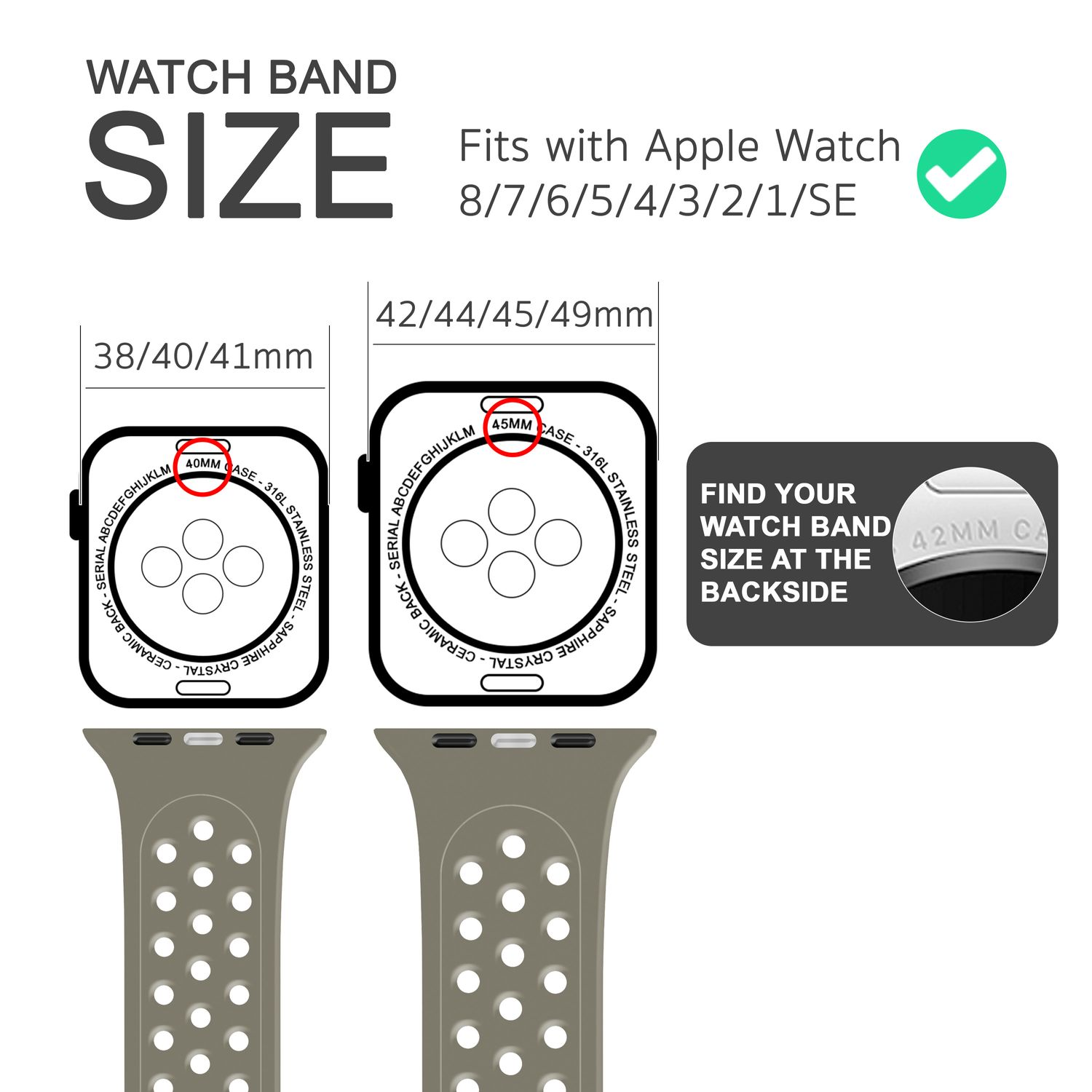 Diagramm zeigt Apple Watch-Armbänder, Größen 38/40/41 mm und 42/44/45/49 mm, passend für Apple Watch.