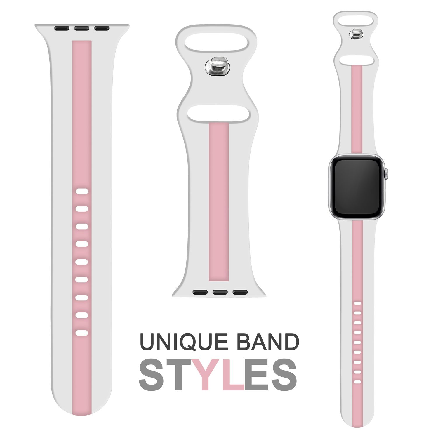 Weiß-rosa Apple Watch-Armbänder. Drei Bandstile: einzigartige Bandstile-Text.