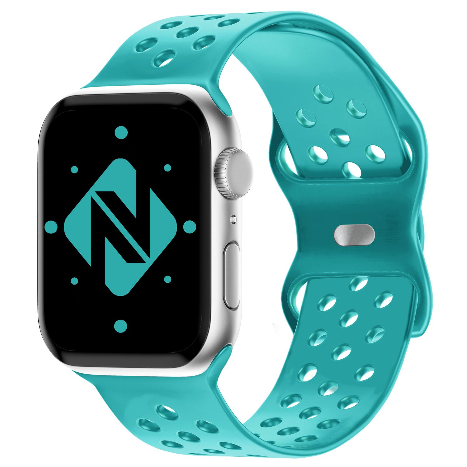 Silberne Apple Watch mit türkisfarbenem Armband. Der Bildschirm zeigt ein cyanfarbenes 'N'-Logo.
