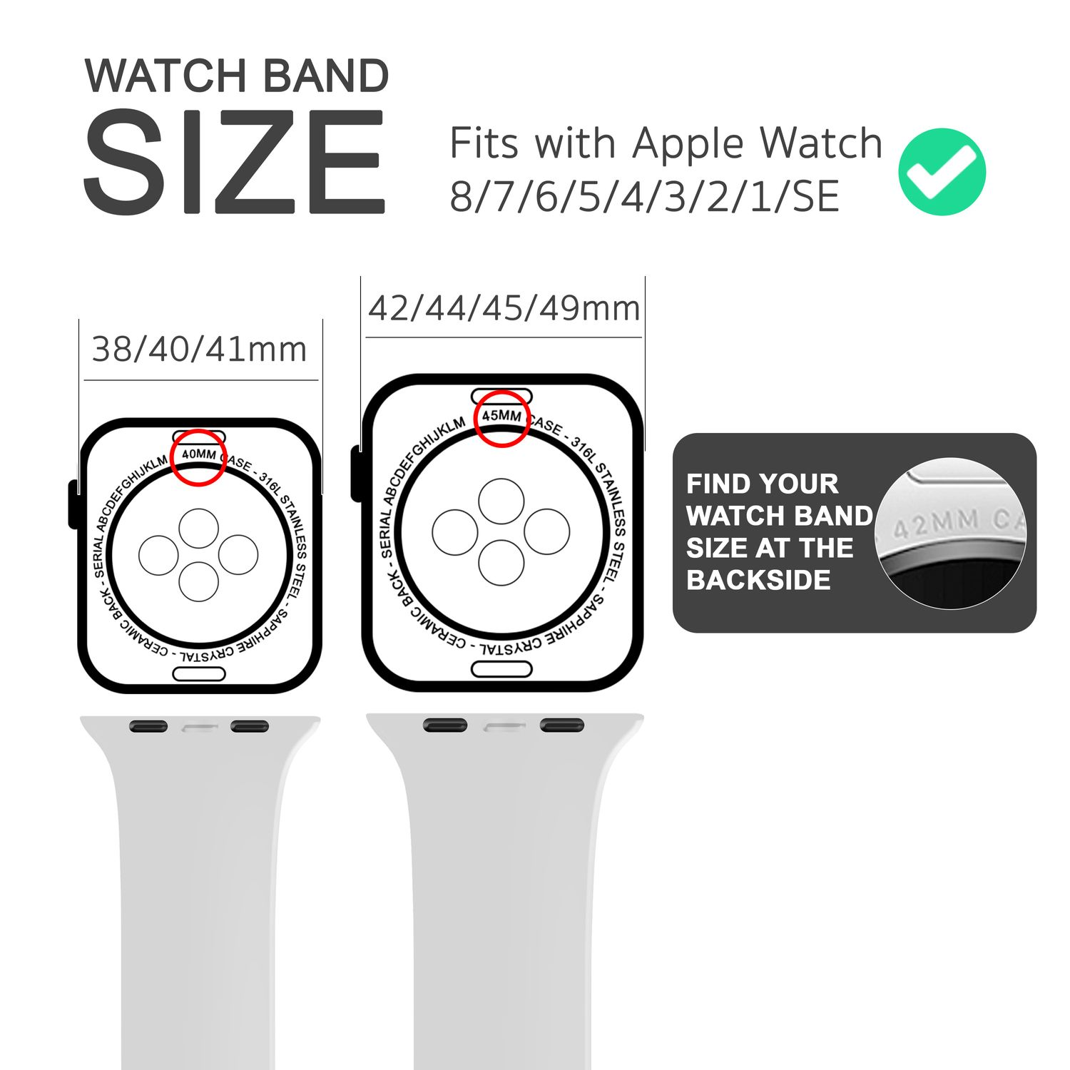 Armbandgrößenübersicht. Enthält Messungen für verschiedene Uhrengrößen, mit einer Apple Watch.