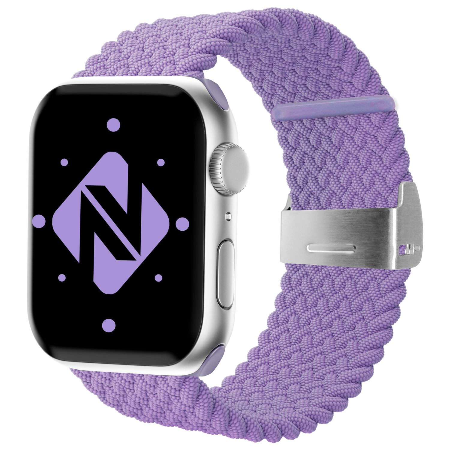 Lila Uhrenarmband. Geflochtenes Design. Apple Watch. Lila Zifferblatt.