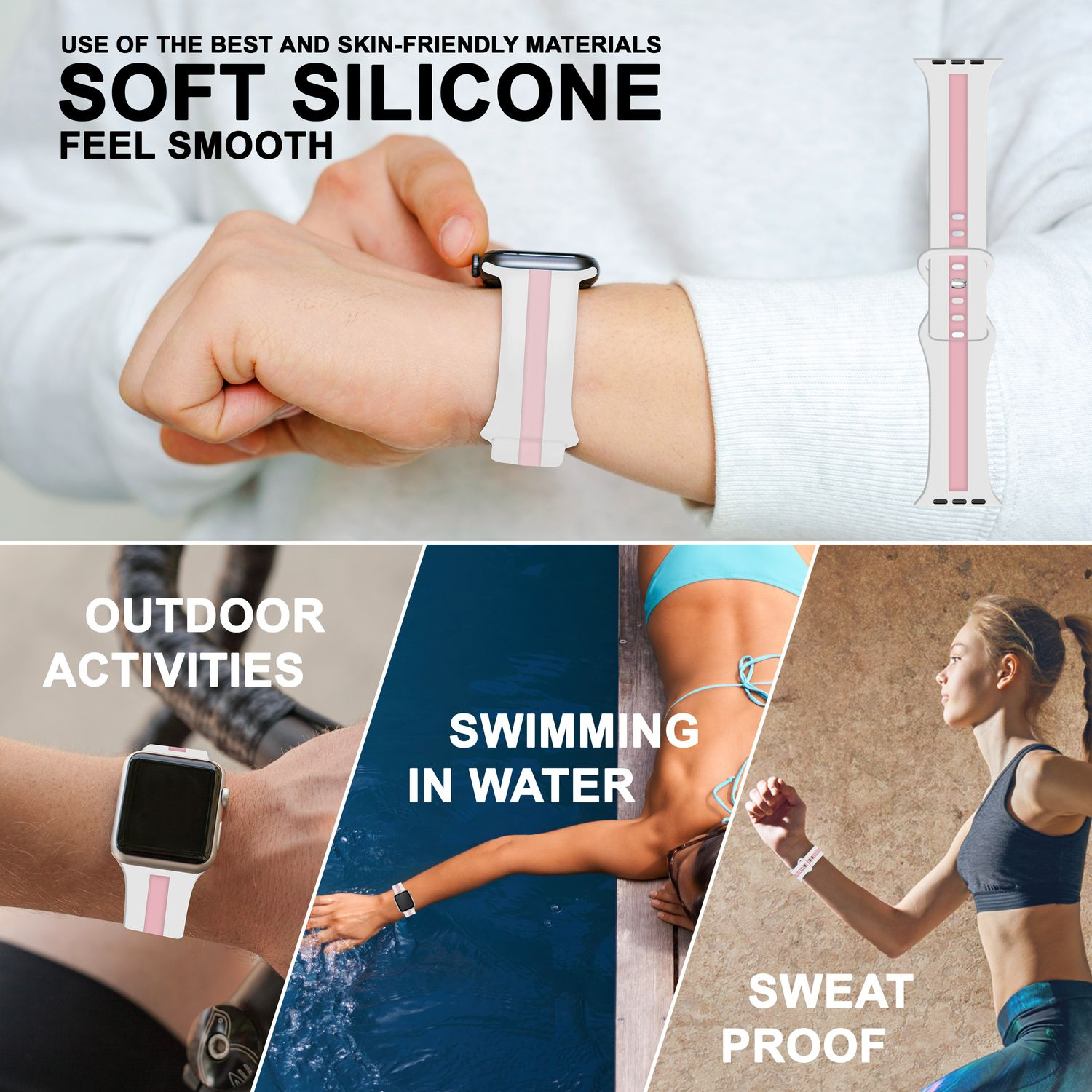 Armband und Lifestyle-Bilder. Weiches Silikonband, für Outdoor-Aktivitäten, Schwimmen und schweißfest.