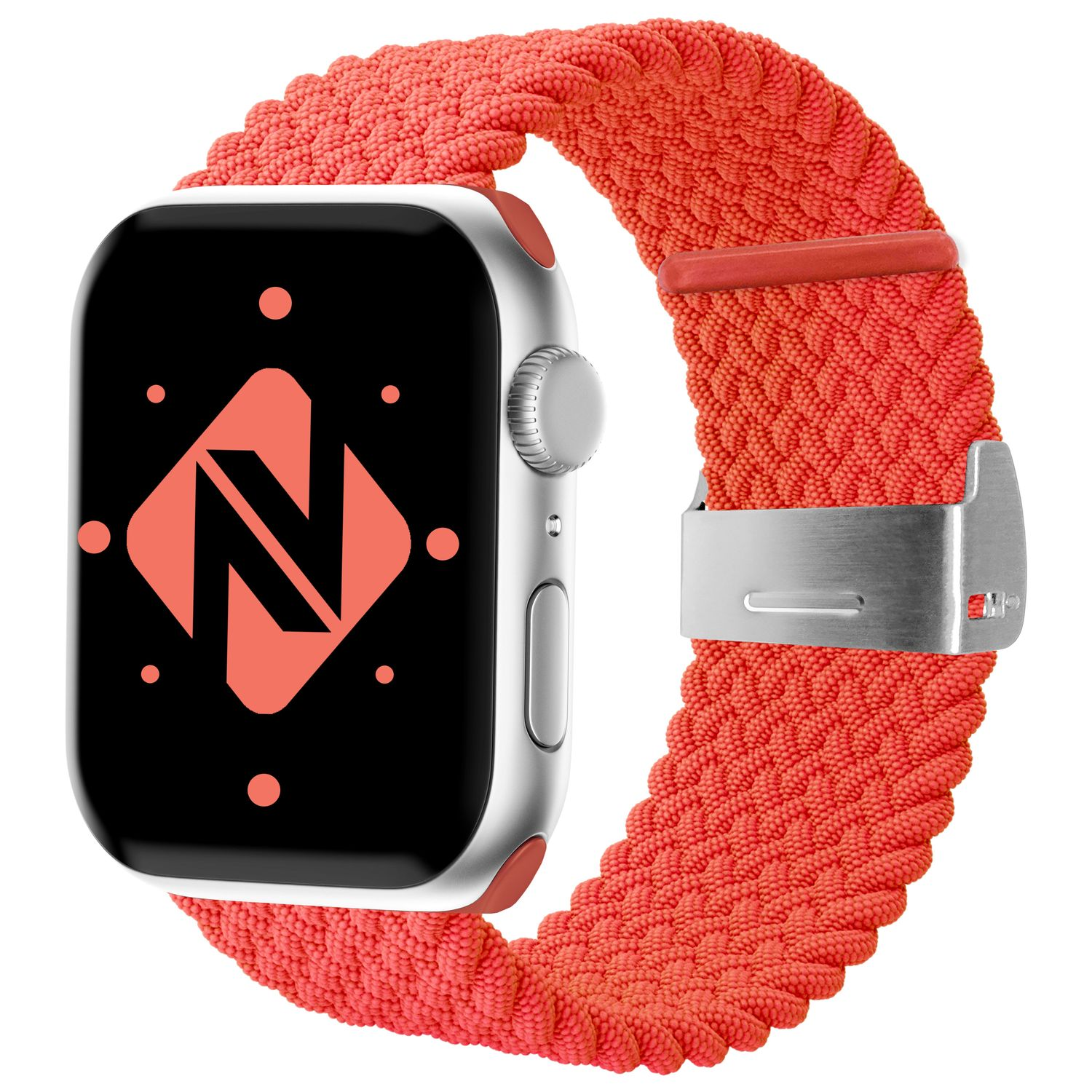 Silberne Apple Watch und orangefarbenes geflochtenes Armband mit Metallschnalle.