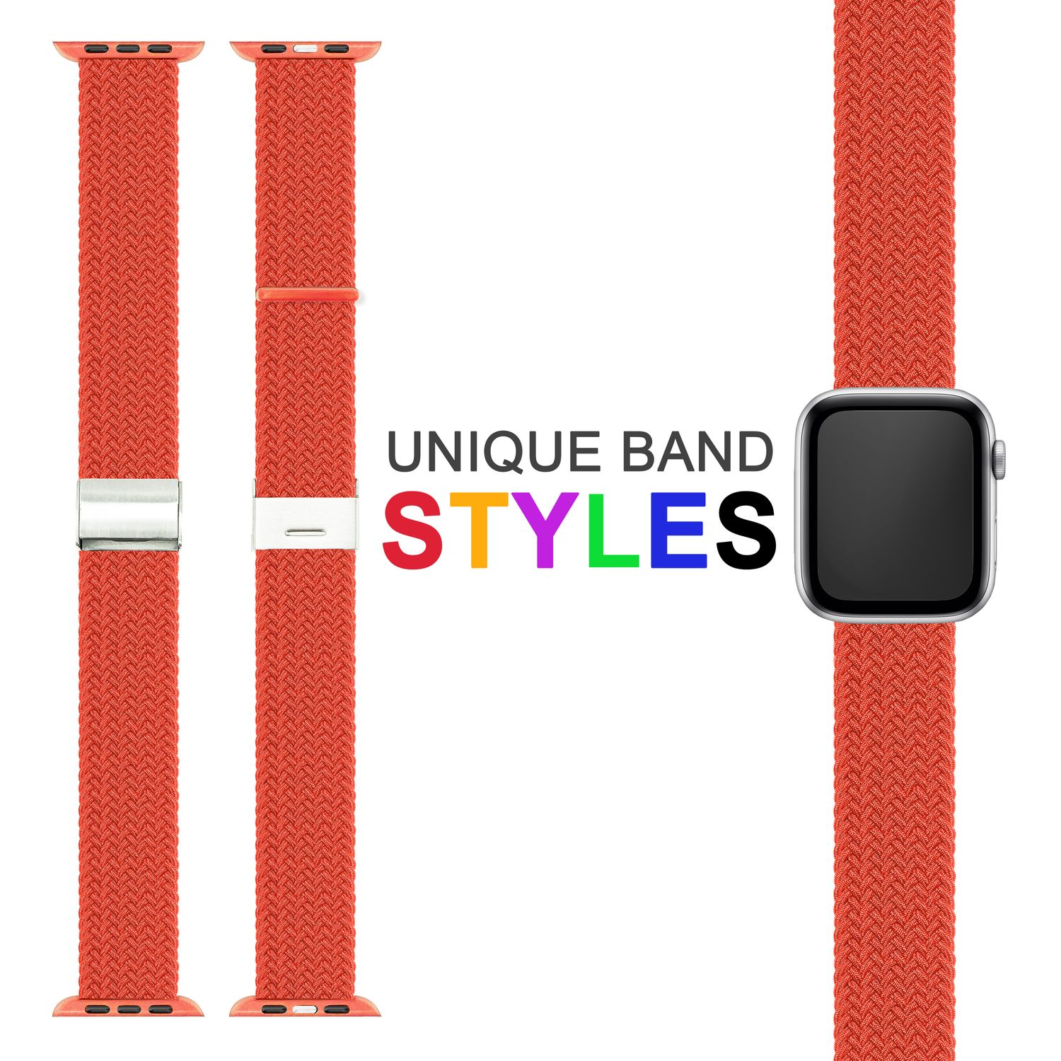 Armbanduhr. Orange geflochtenes Design. Weißer Hintergrund. Text: UNIQUE BAND STYLES.