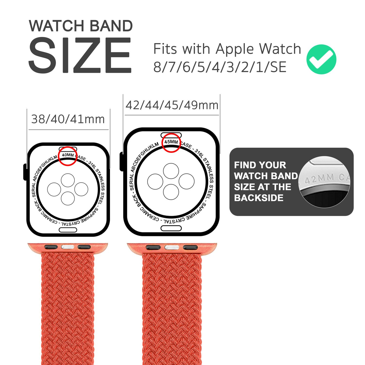 Das Bild zeigt eine Größenübersicht für Armbänder der Apple Watch mit Größenangaben und Uhrenabmessungen.