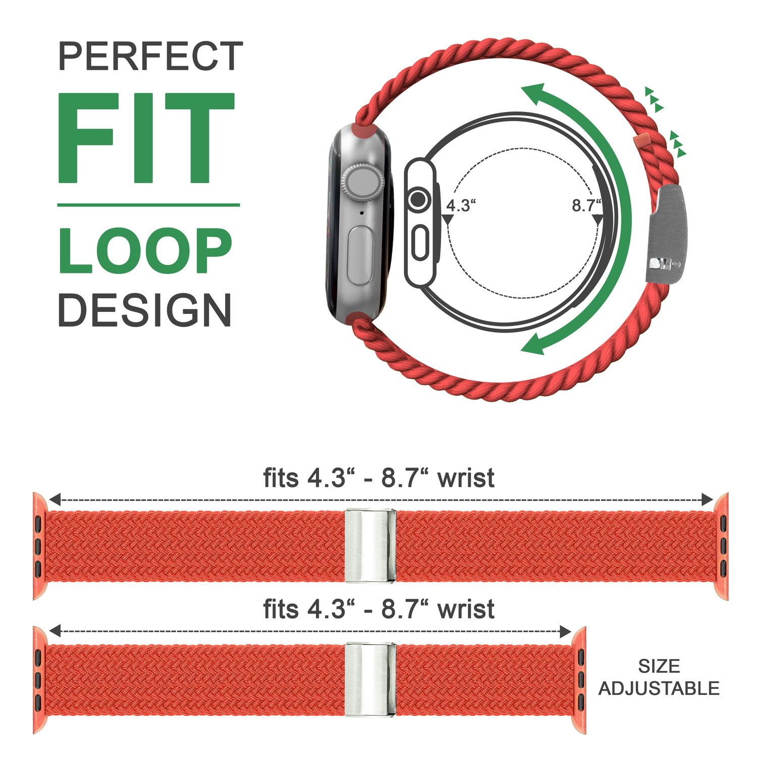 Ein rotes Uhrenarmband mit silbernem Verschluss, mit Text, der perfekte Passform und Größenverstellbarkeit anzeigt.