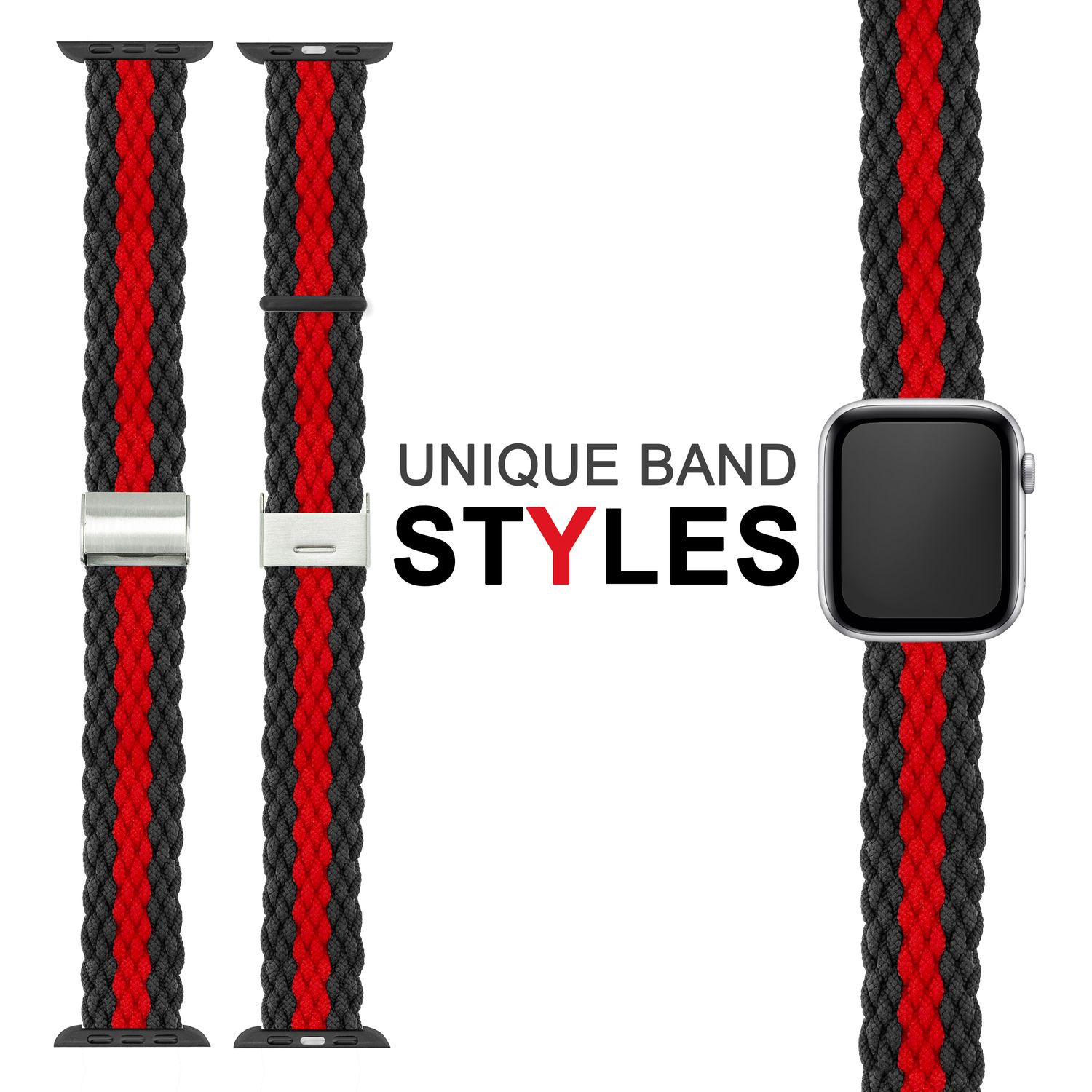 Uhrenarmbänder mit rot-schwarzen Streifen und schwarzen Bändern. Das Wort STYLE steht in der Mitte.