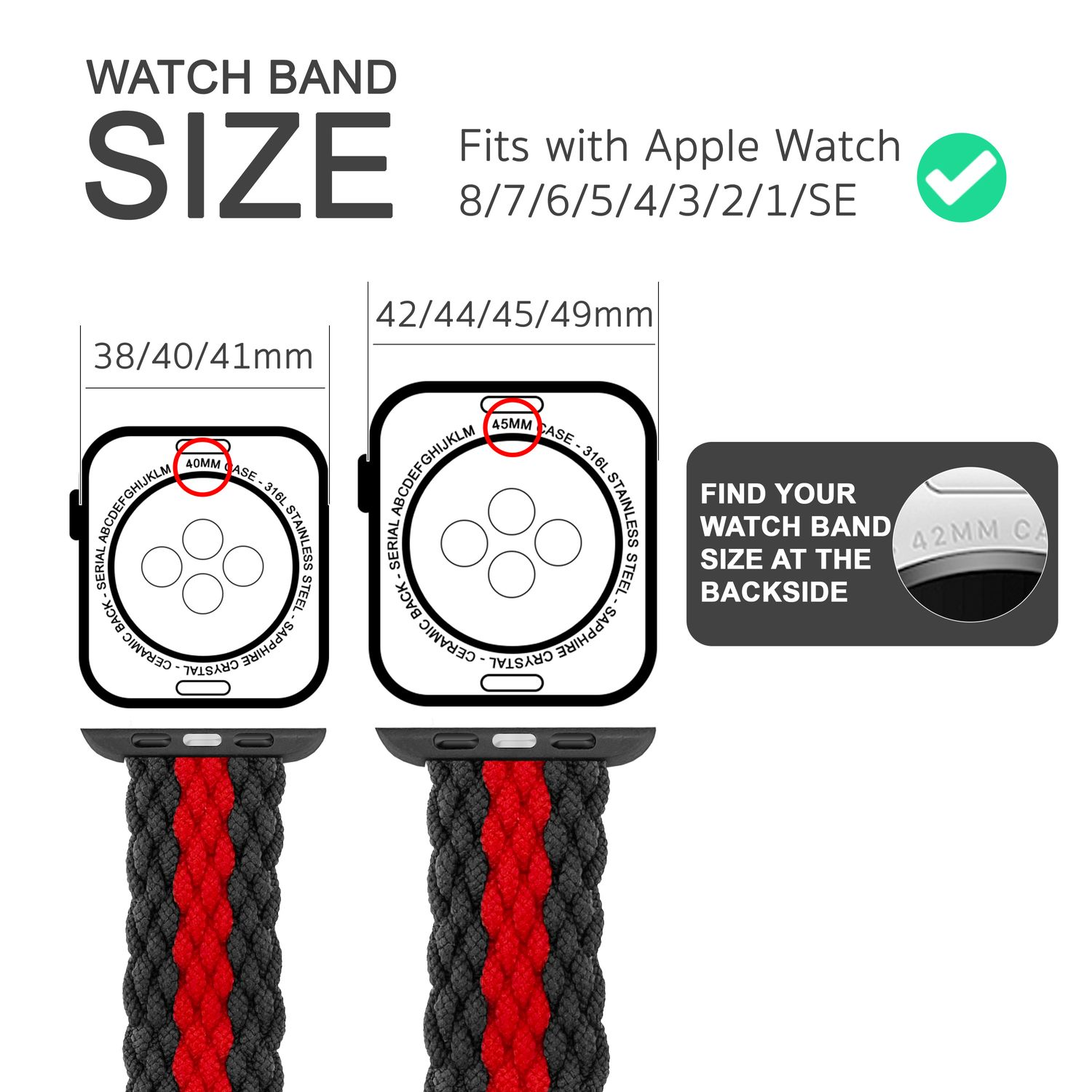 Informationen zur Armbandgröße für Apple Watch-Modelle. Zeigt Größen und Kompatibilität an.