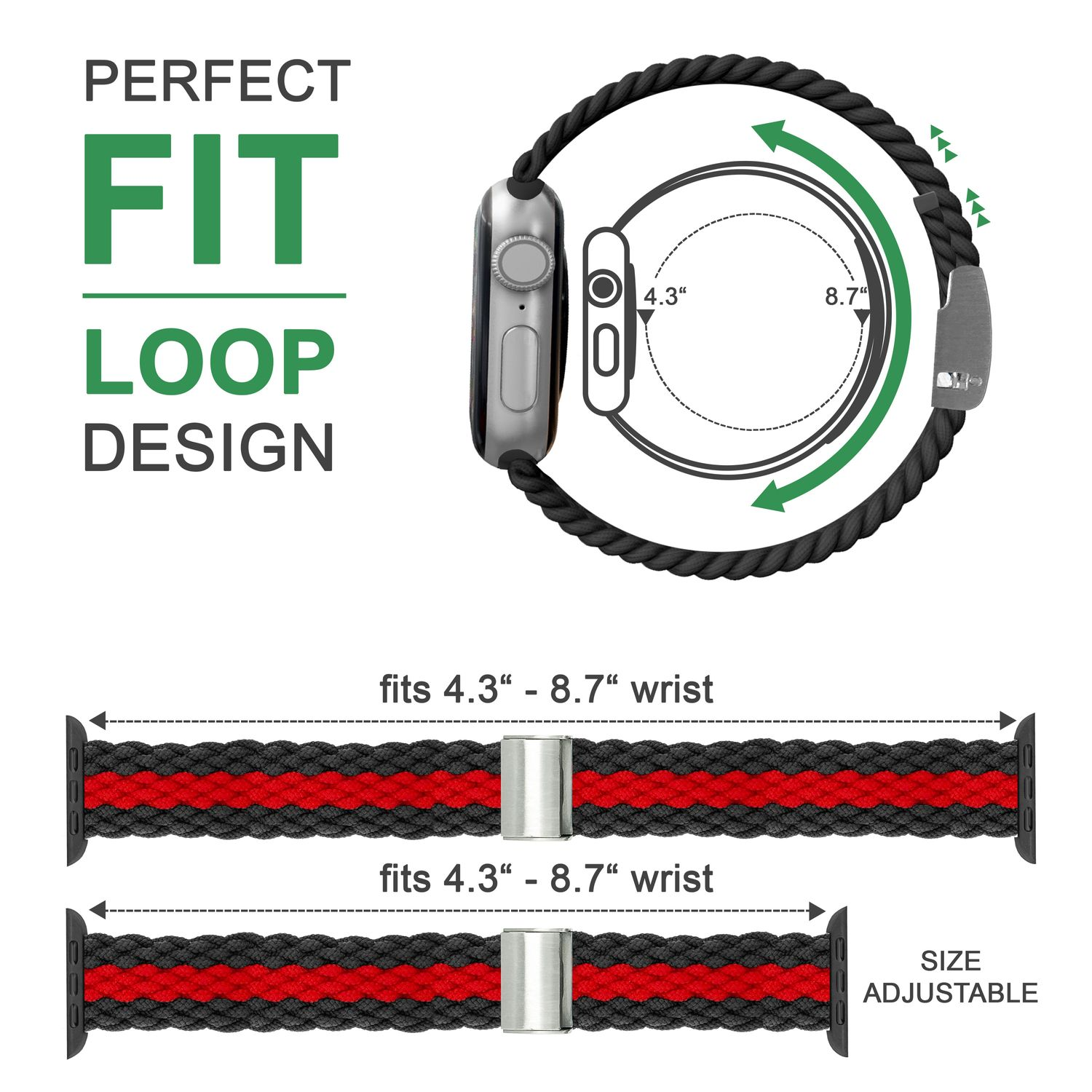 Smartwatch-Armband mit verstellbarer Länge. Rote und schwarze Farben.