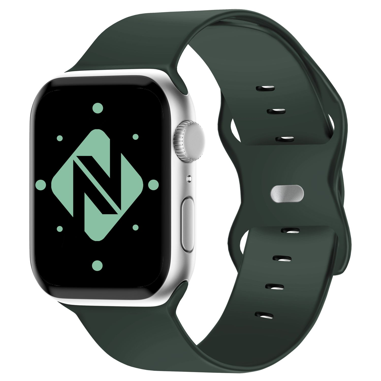 Smartwatch mit grünem Armband, silbernem Zifferblatt und schwarzem Bildschirm mit Logo.