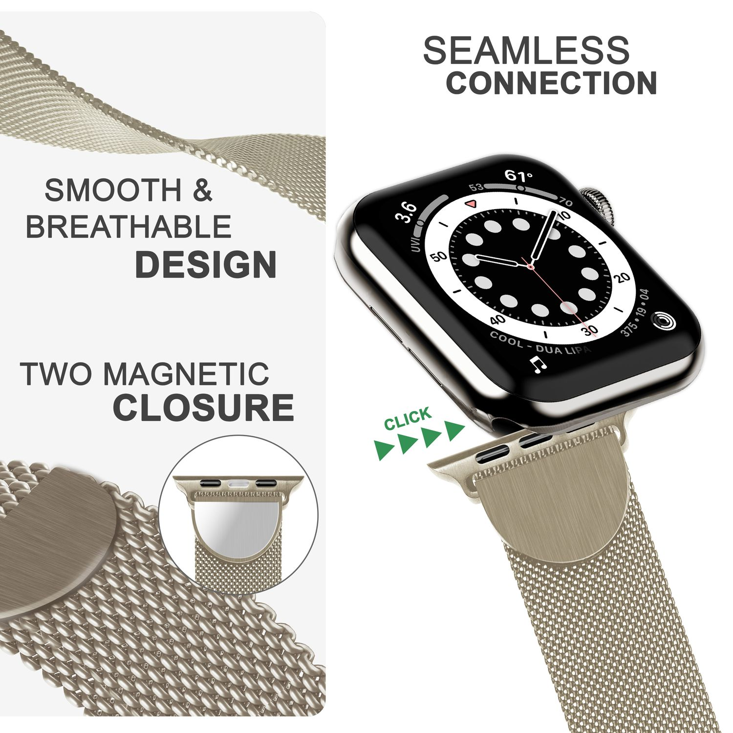 Ein goldenes Metall-Uhrenarmband mit einem schwarzen Zifferblatt, das die Uhrzeit anzeigt, neben Text über das Design.