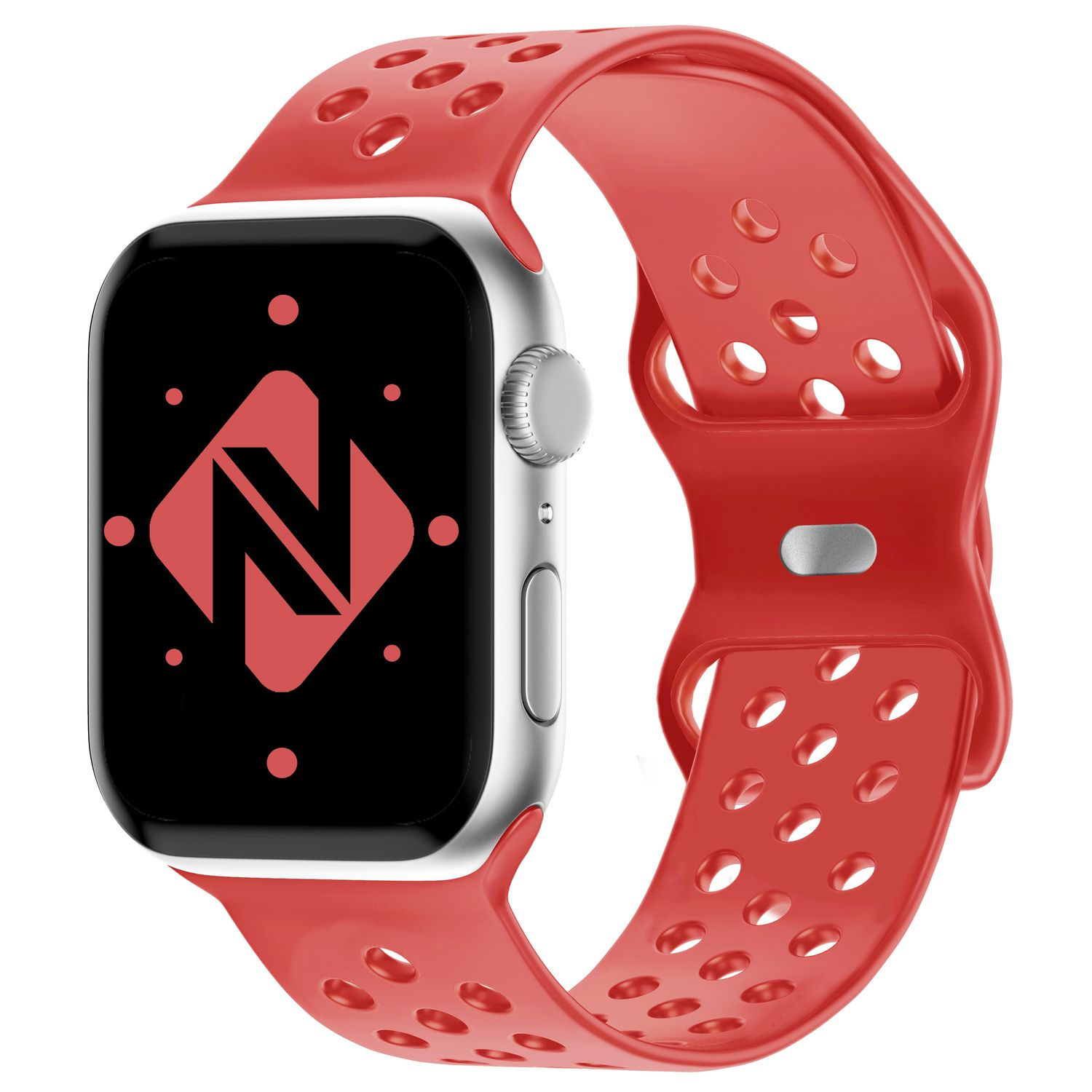 Silberne Smartwatch mit rotem Armband. Der Bildschirm zeigt ein rotes 'N'-Logo auf schwarzem Hintergrund.
