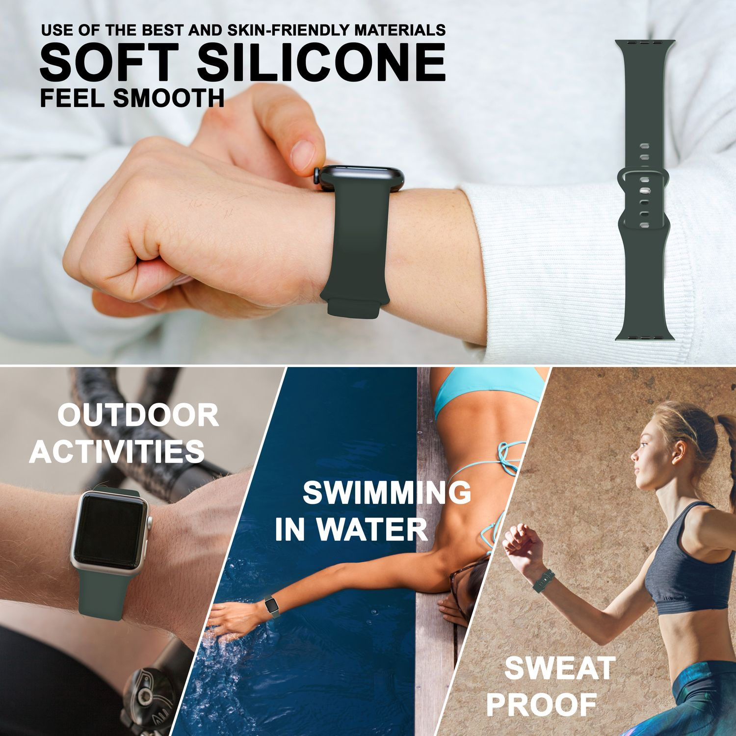 Silikon-Armband am Handgelenk. Zeigt das Band am Handgelenk sowie in Wasser- und schweißfesten Szenarien.