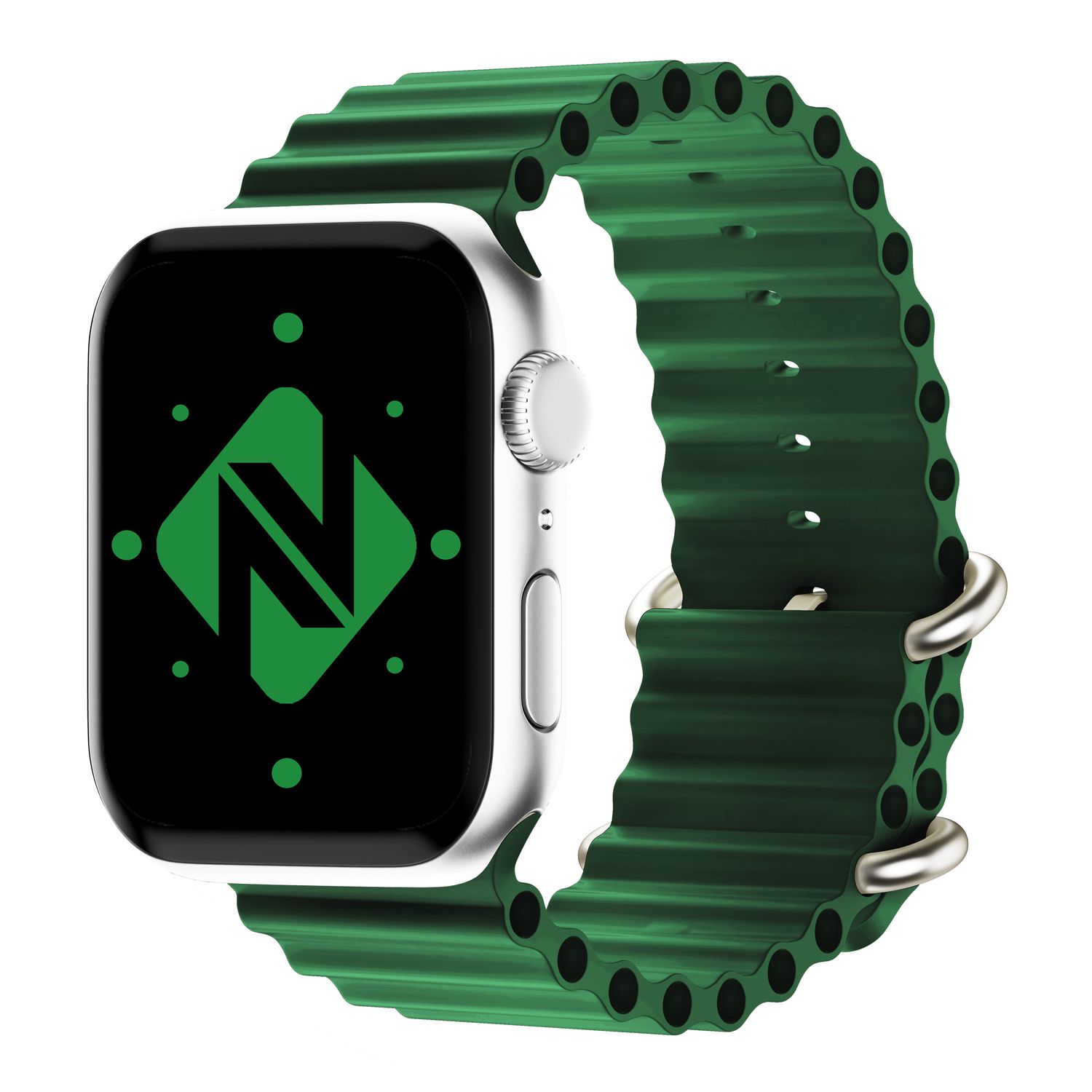 Silberne Smartwatch mit grünem Armband, grünem Display. Ein grünes 'N'-Logo befindet sich auf dem Zifferblatt.
