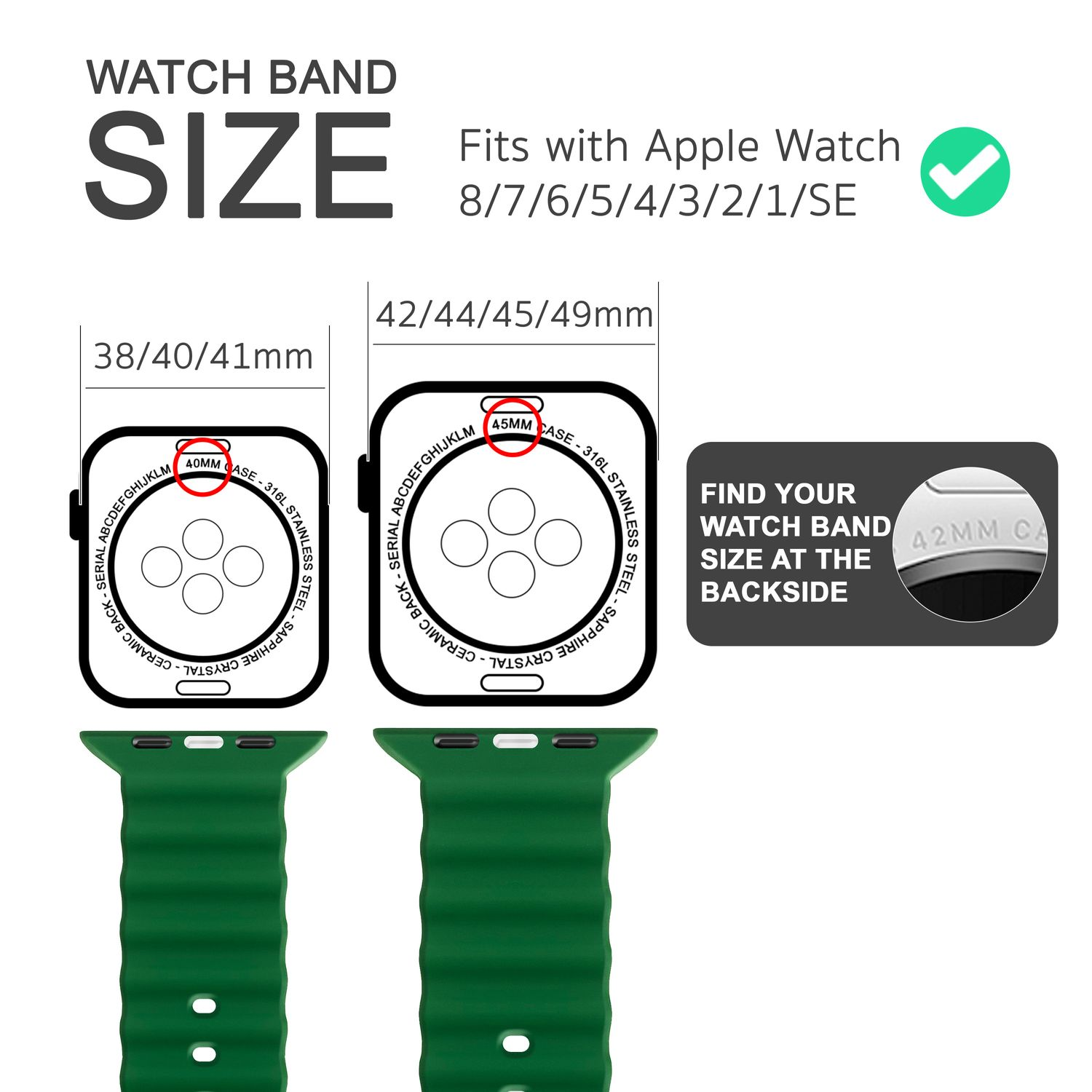 Grafiken mit Armbandgrößen: 38/40/41mm und 42/44/45/49mm mit grünen Bändern.