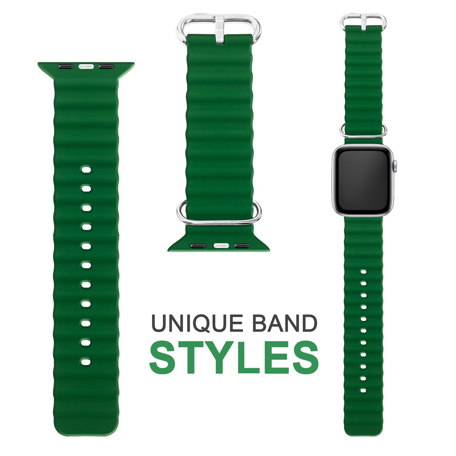 Grüne Uhrenarmbänder mit geripptem Design. Gezeigt werden drei Bänder, eines an einer Uhr befestigt. Der Text lautet 'UNIQUE BAND STYLES'.