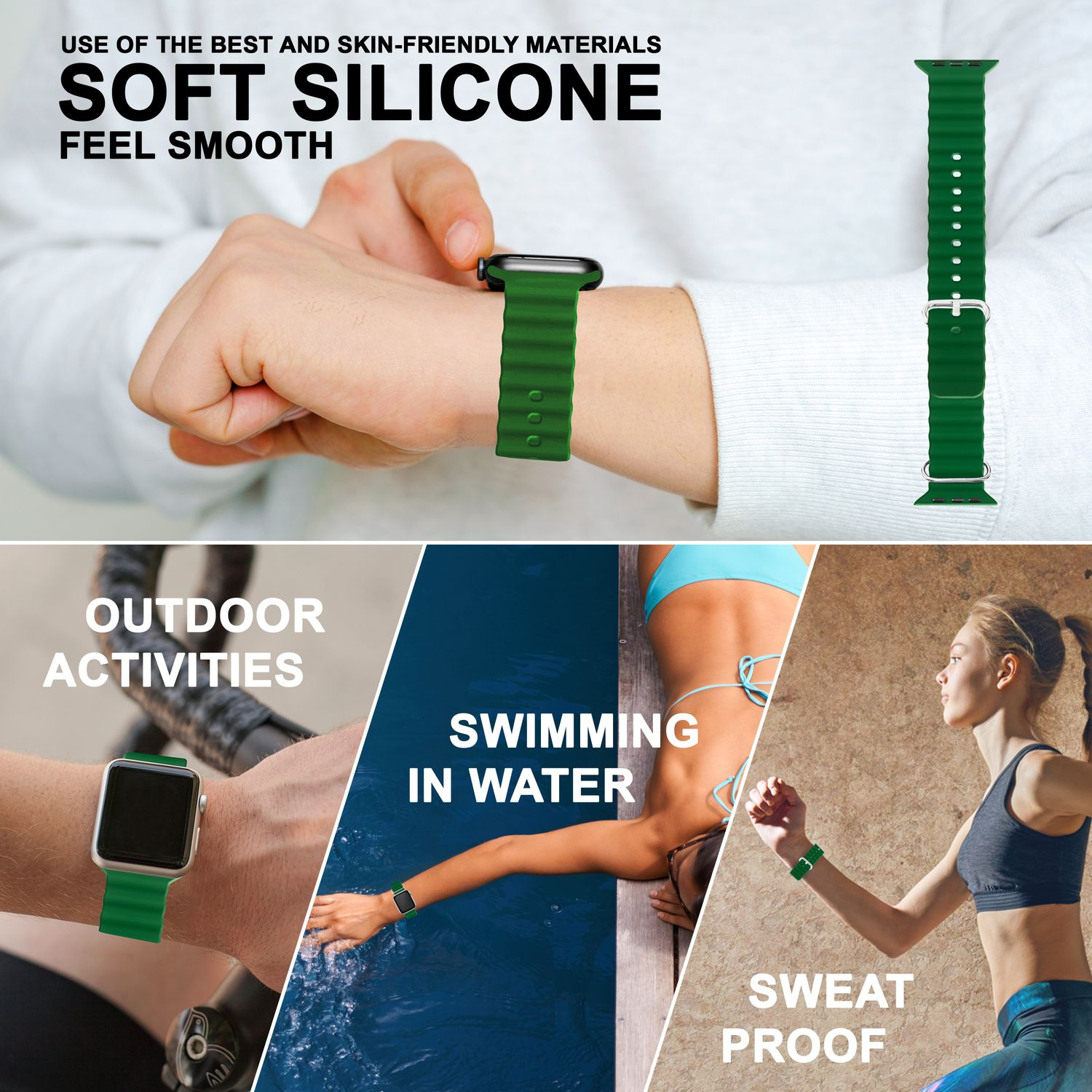 Armband in drei Szenen: Handgelenk, Wasser und Laufen. Text sagt 'Soft Silicone' und 'Outdoor Activities'.