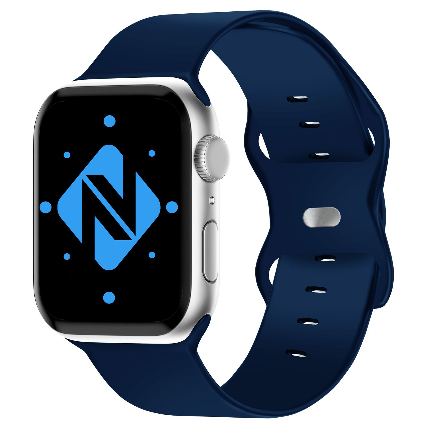 Silberne Smartwatch mit blauem Armband und blauem Logo auf dem Bildschirm.