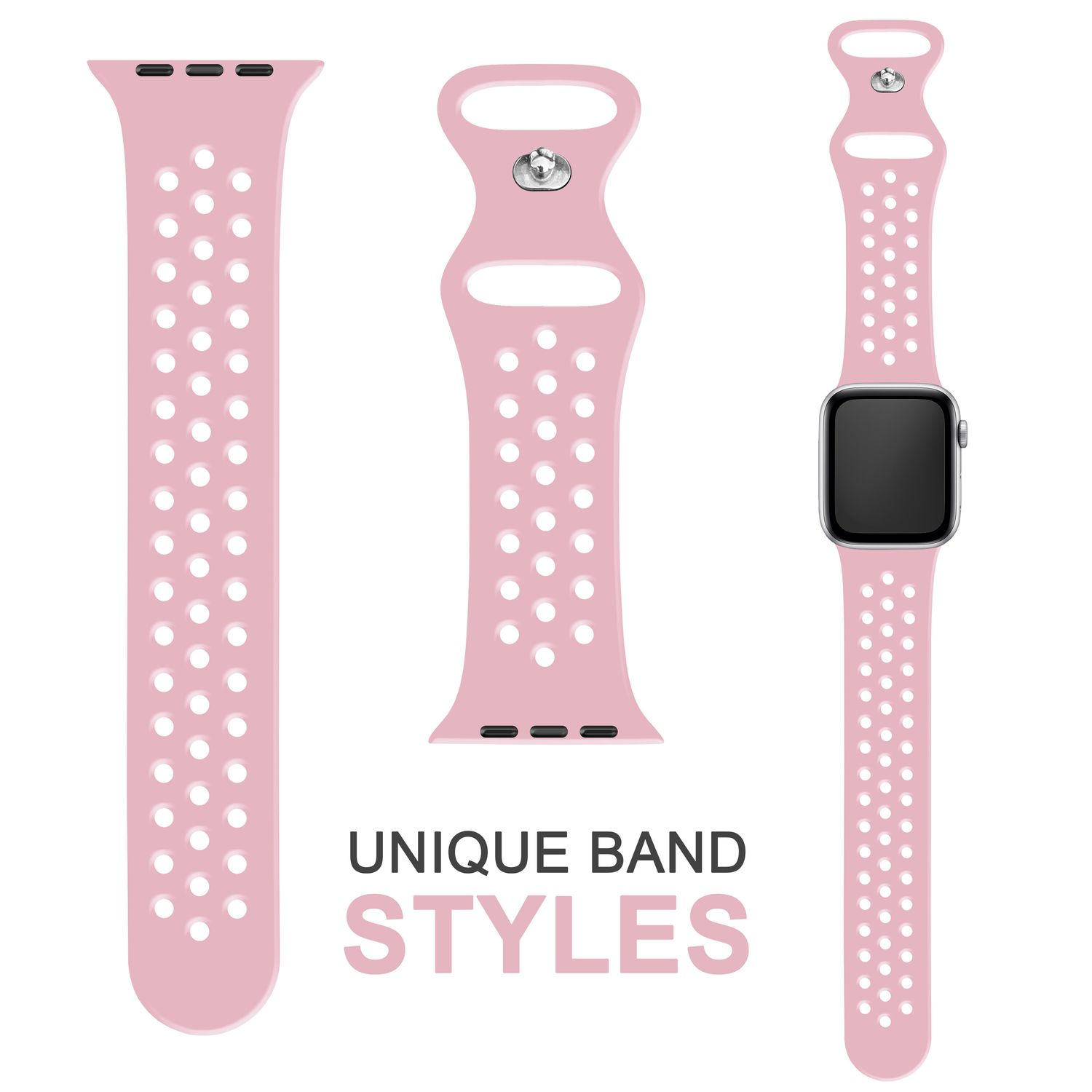 Pinke Uhrenarmbänder, mehrere Stile, mit einer Uhr.