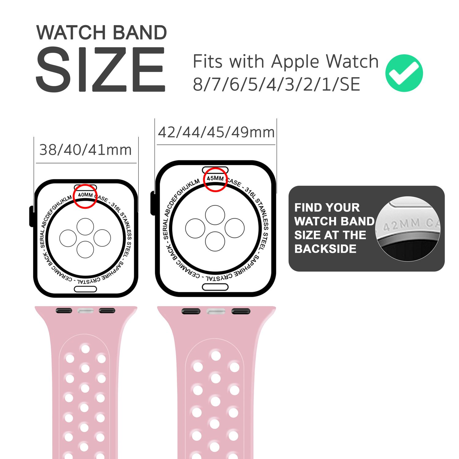 Diagramm mit Armbandgrößen für Apple Watch, einschließlich 38/40/41mm und 42/44/45/49mm.