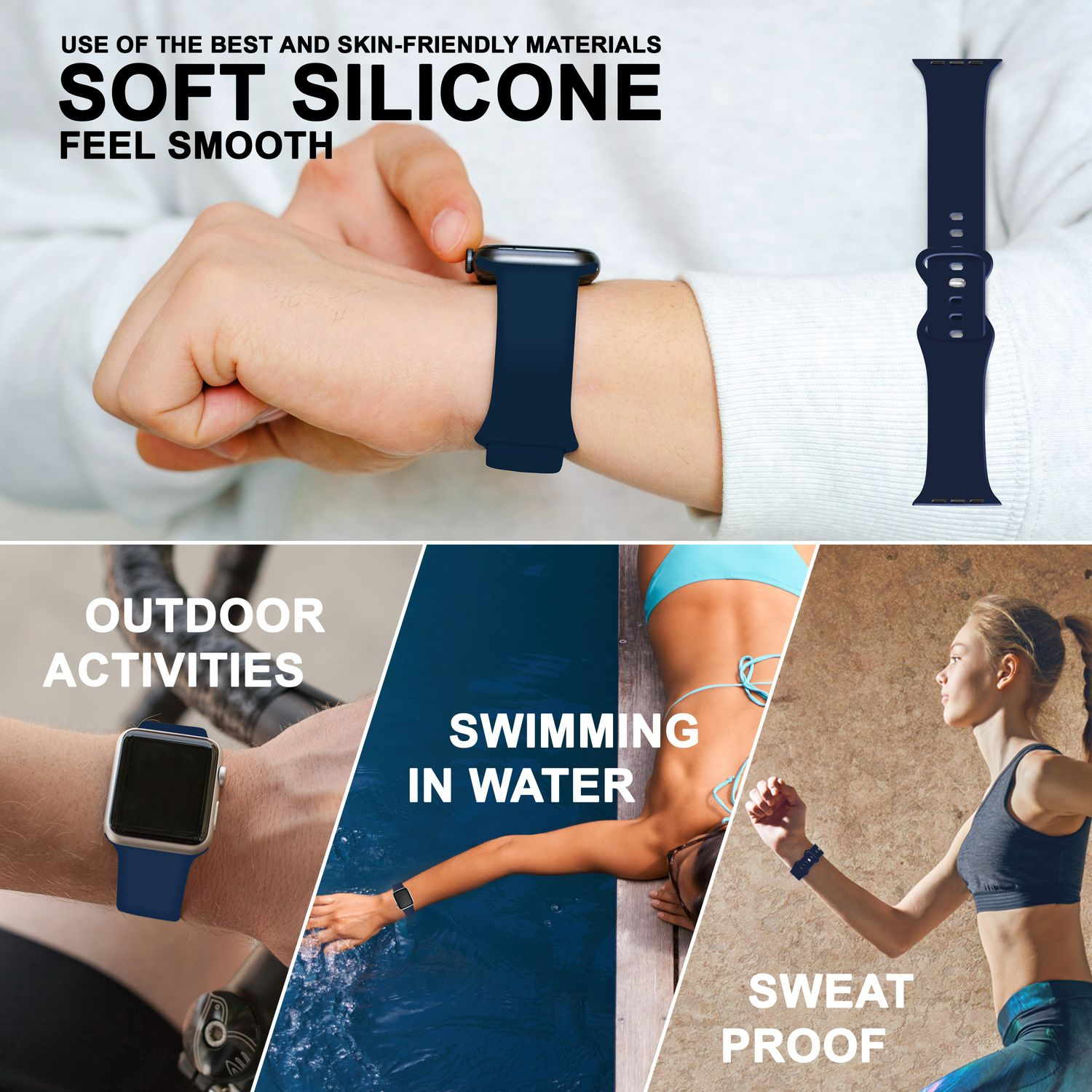 Bilder, die ein marineblaues Silikon-Armband am Handgelenk und in verschiedenen Outdoor-Aktivitätsszenarien zeigen.