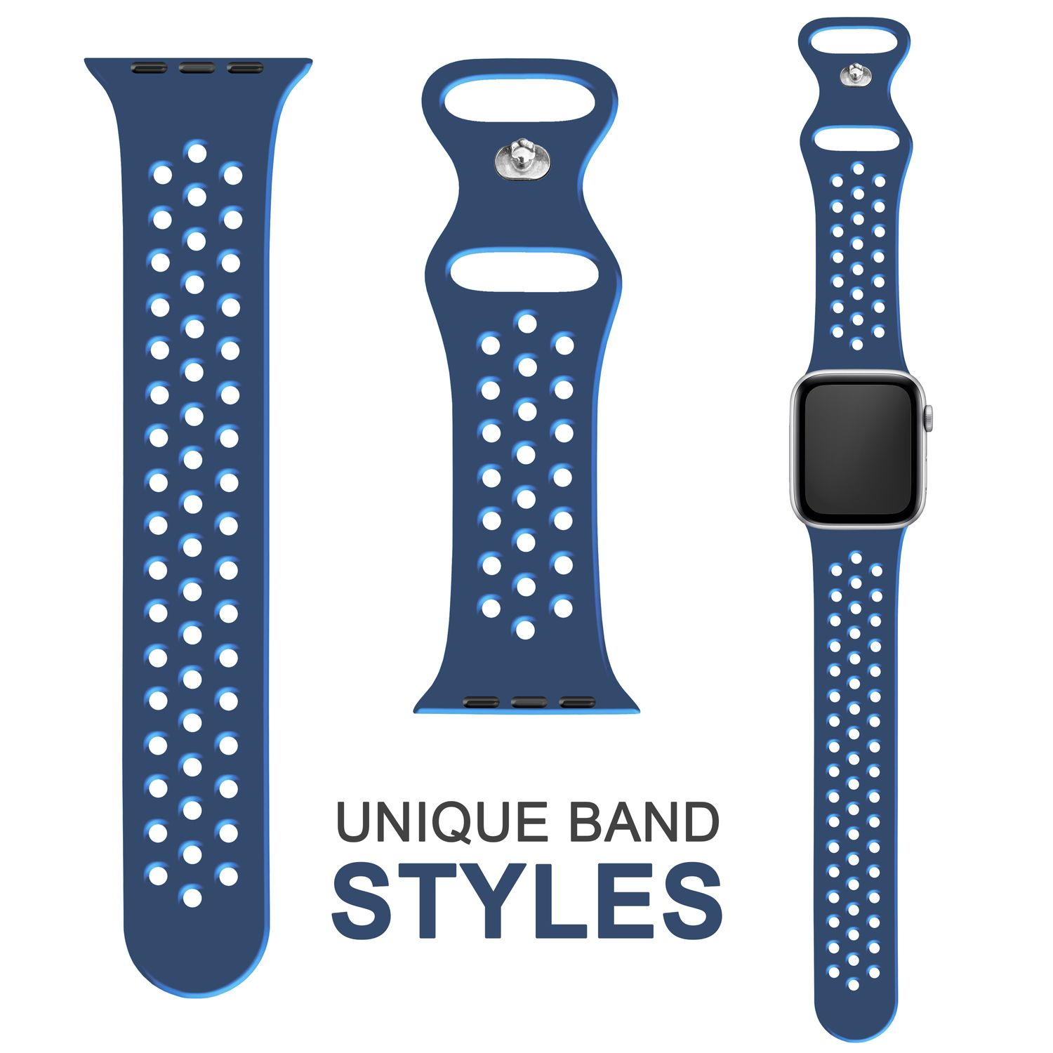 Drei marineblaue Uhrenarmbänder. Eines ist ein massives Band, die anderen beiden haben Löcher.