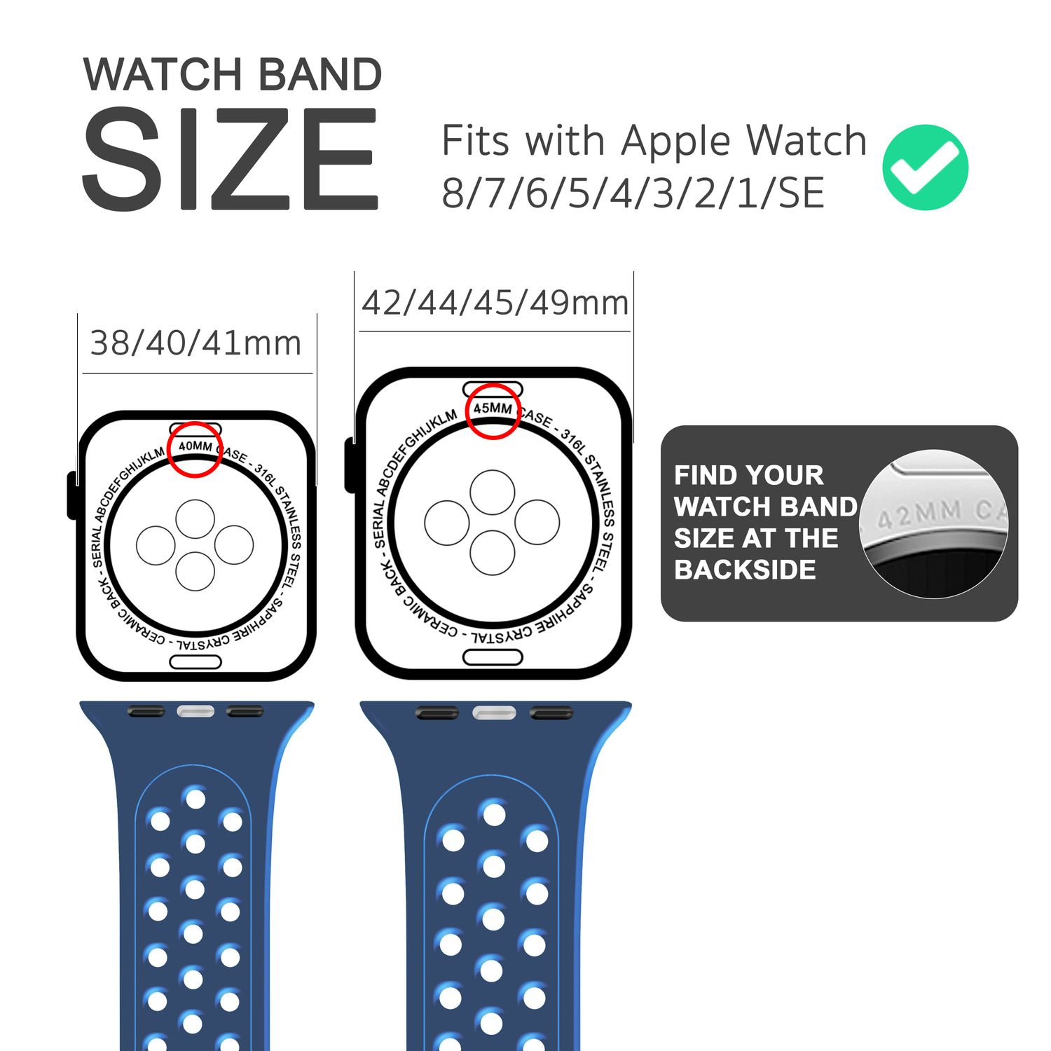 Diagramm zur Größe des Uhrenarmbands, mit Apple Watch-Illustrationen und Bandgrößen.