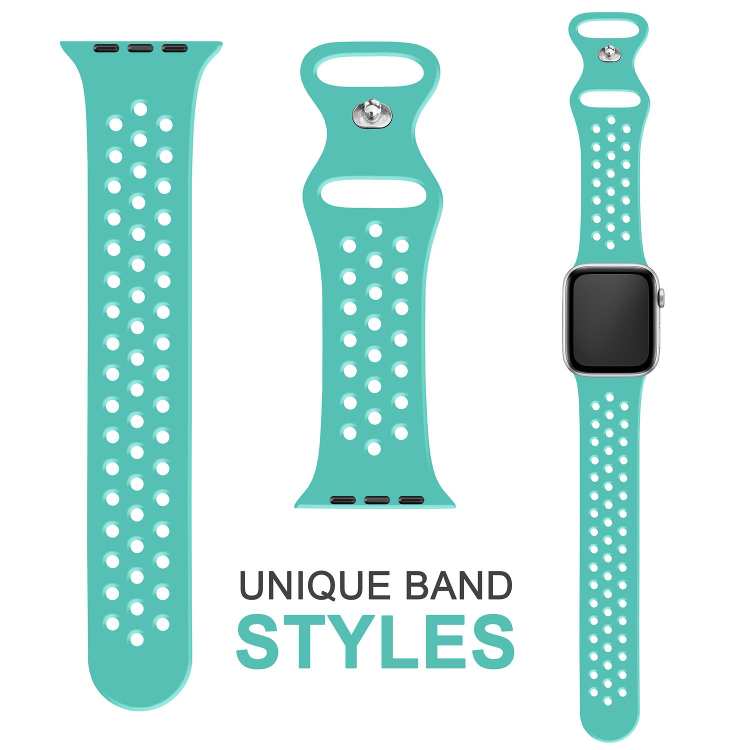 Drei verschiedene türkisfarbene Uhrenarmbänder werden zusammen mit dem Text „UNIQUE BAND STYLES“ angezeigt.
