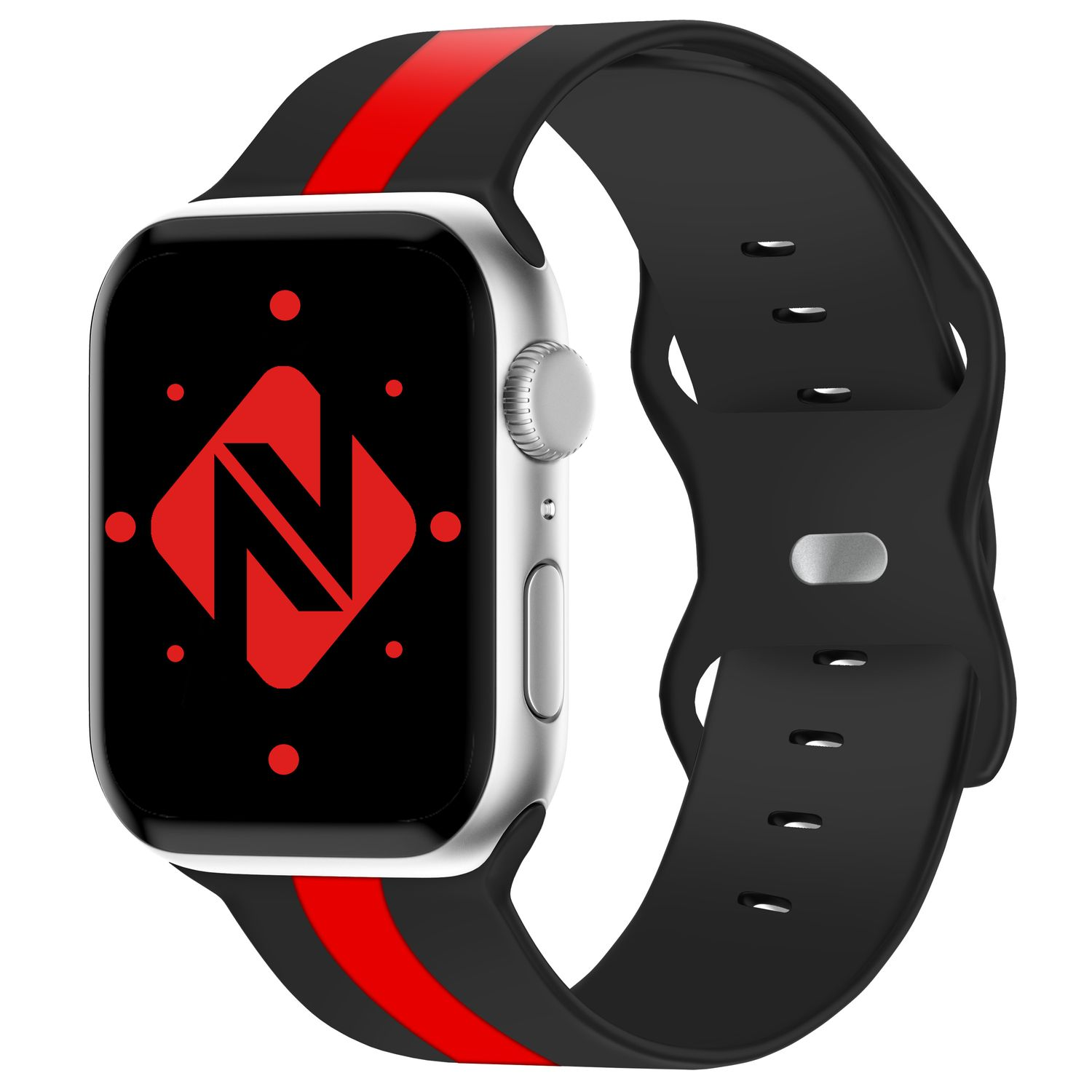 Schwarzes Apple Watch Armband mit rotem Streifen. Silbernes Zifferblatt mit rotem Logo.