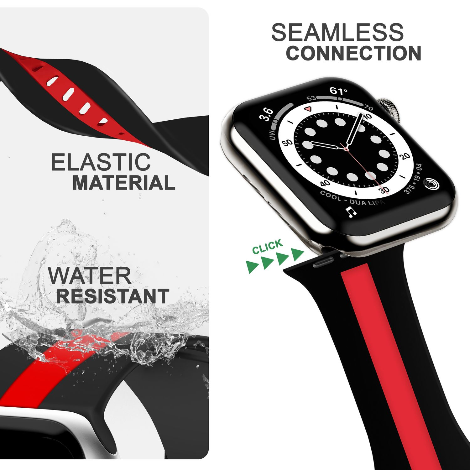 Silikon NALIA Apple Rot Schwarz Armband, Watch Smartwatch Apple, Ersatzarmband, Gestreiftes 42mm/44mm/45mm/49mm,