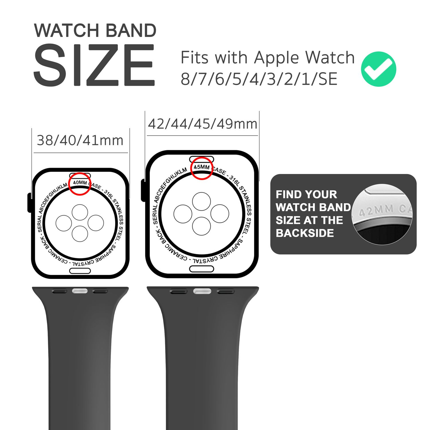 Diagramm mit Armbandgrößen für Apple Watch-Modelle. Enthält Größenangaben und ein Bild einer Uhr.