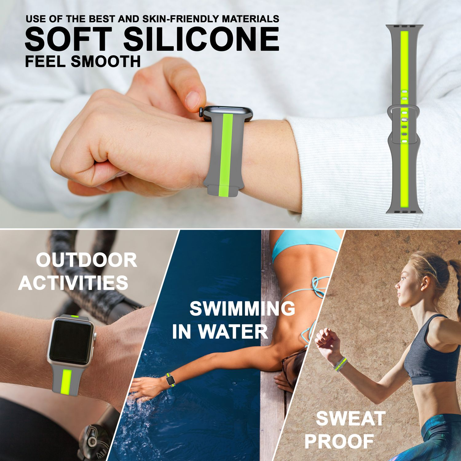 Armbanduhr: Grau mit gelbem Streifen. Gezeigt mit Outdoor-Aktivitäten, Schwimmen, schweißfest.