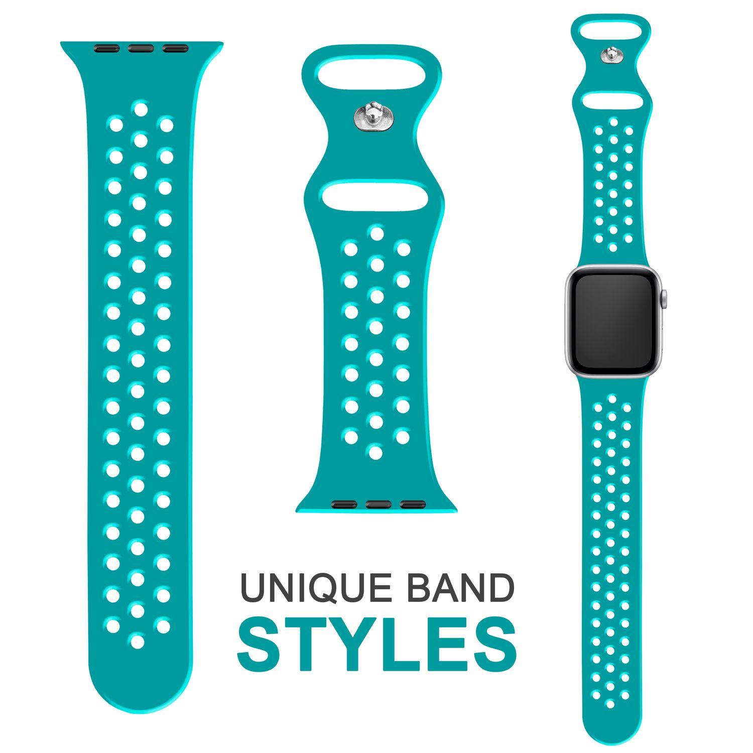 Drei türkisfarbene Uhrenarmbänder. Eines mit Uhr, Text: UNIQUE BAND STYLES.