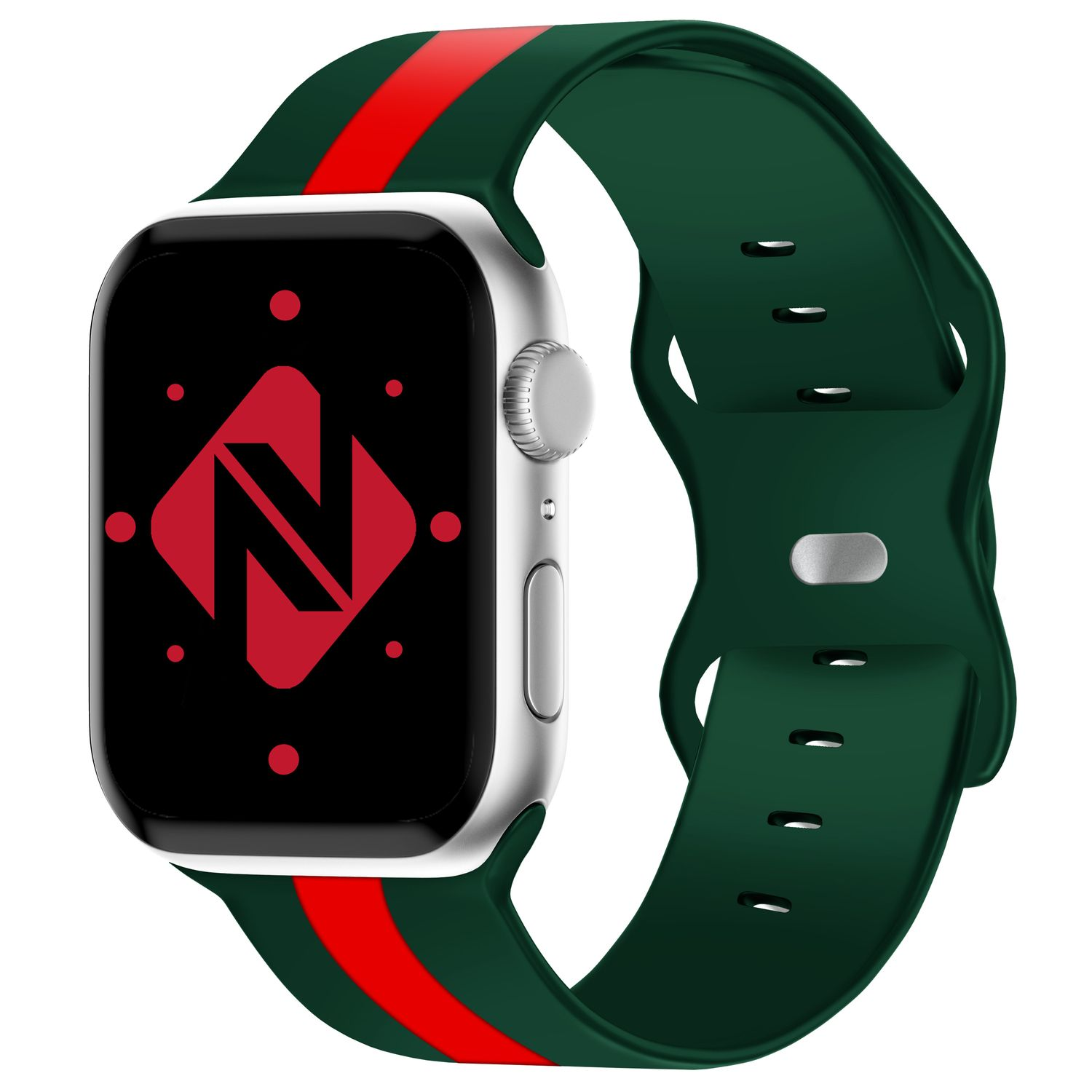 Apple Watch mit grünem Band mit rotem Streifen und schwarzem Bildschirm mit rotem Logo.
