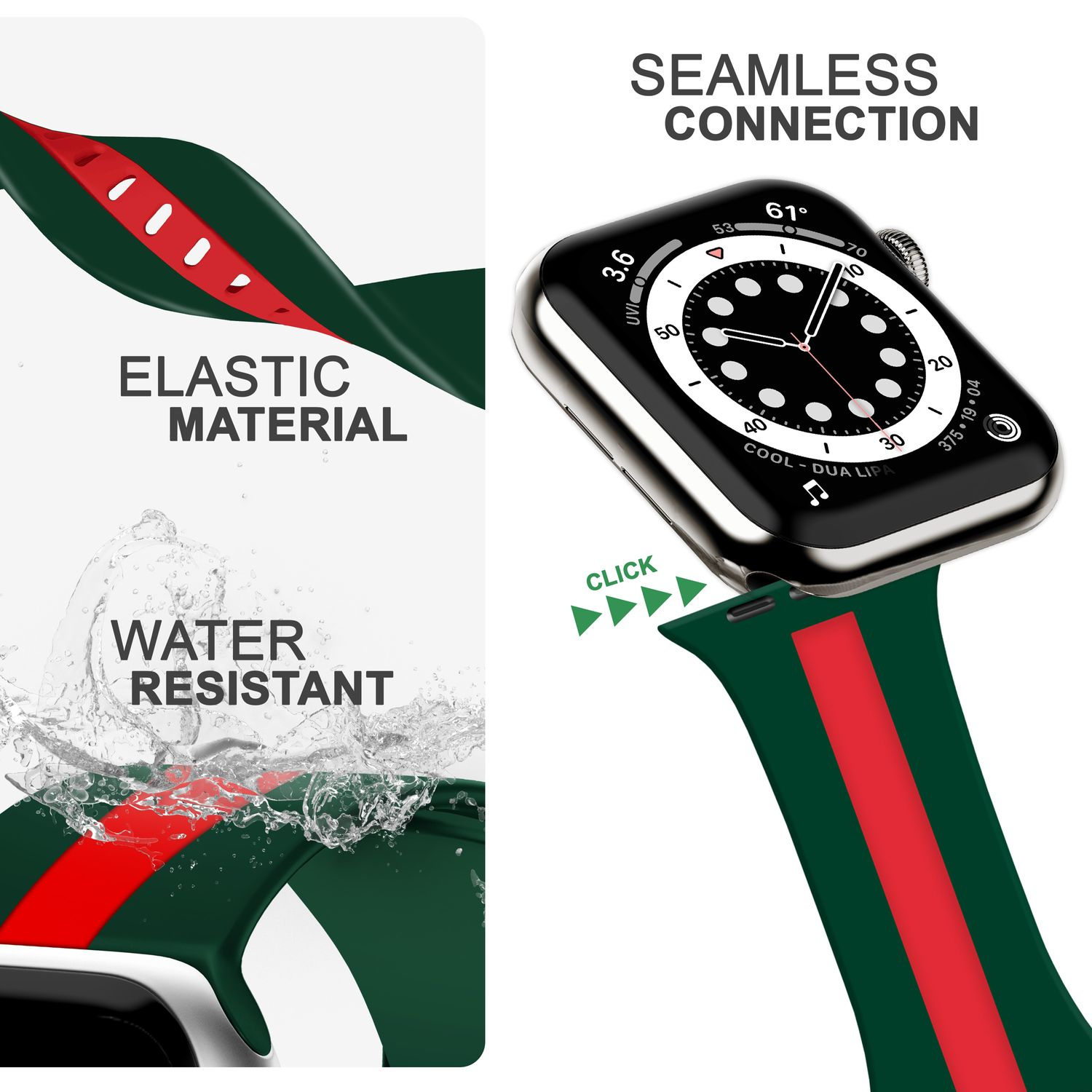 NALIA Gestreiftes Smartwatch Silikon Grün Armband, Apple, Ersatzarmband, Watch 42mm/44mm/45mm/49mm, Apple Rot